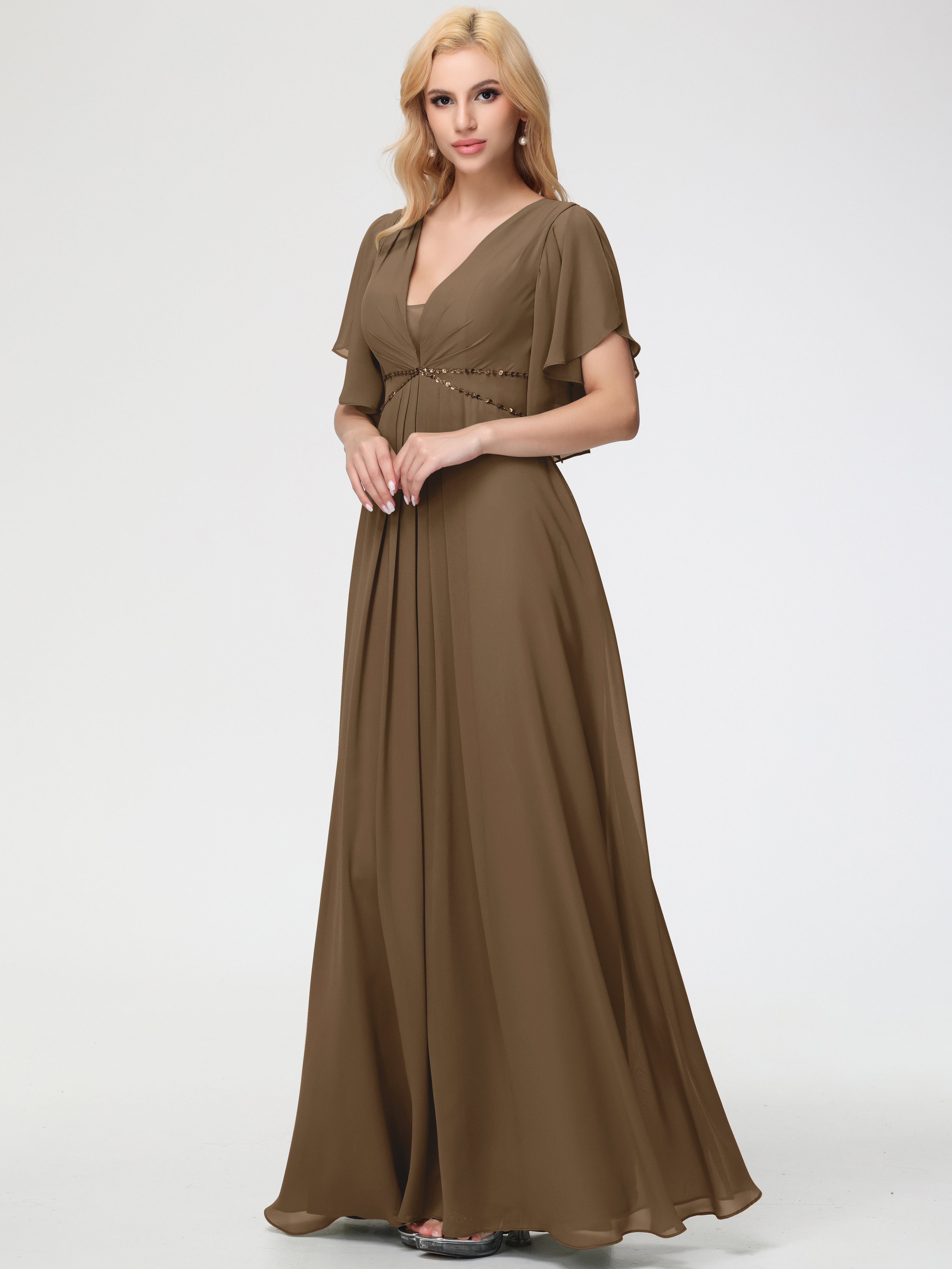 A-Line Sequins Sleeves Floor-Length Chiffon Bridesmaid Dresses