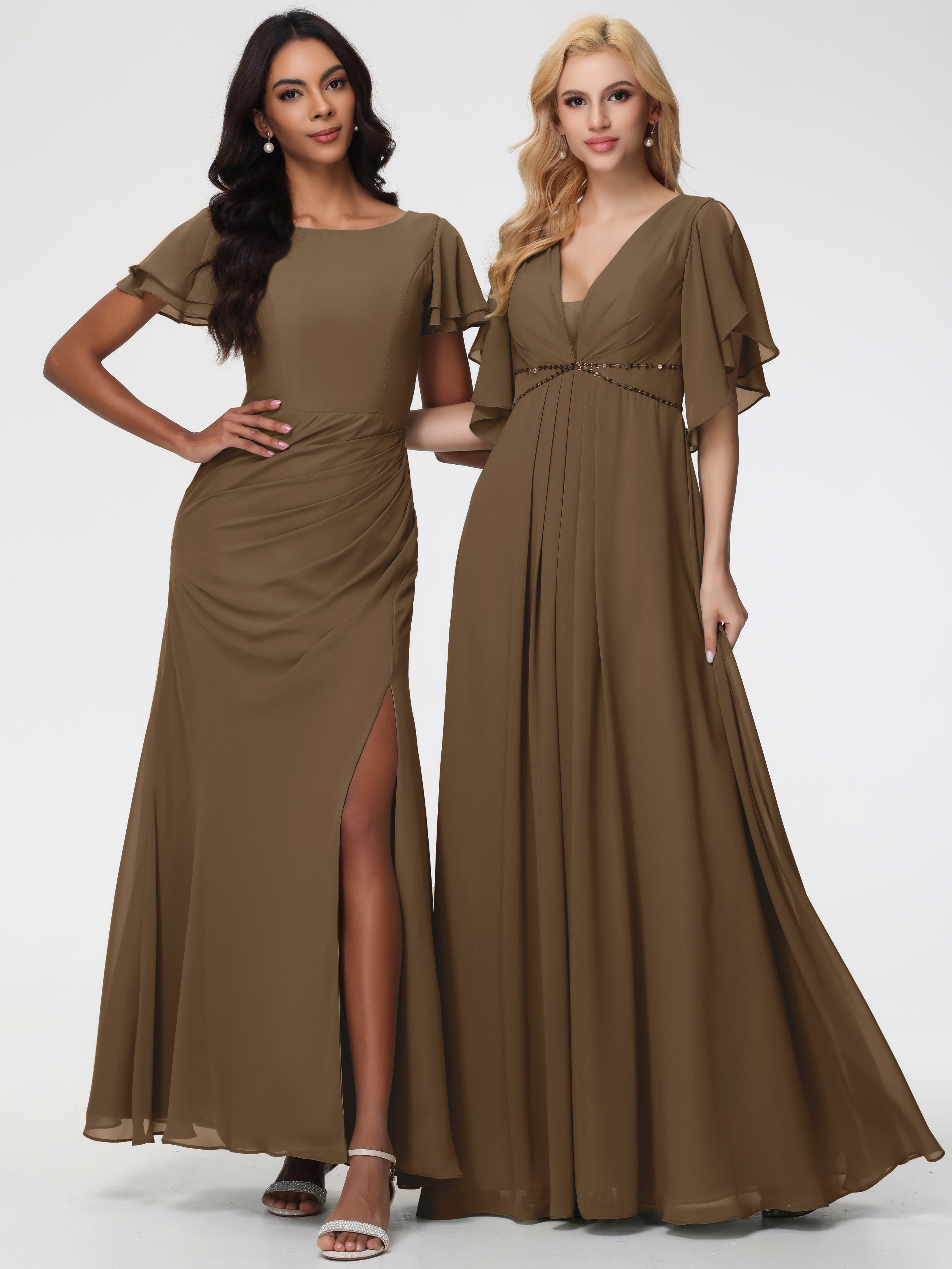 A-Line Sequins Sleeves Floor-Length Chiffon Bridesmaid Dresses