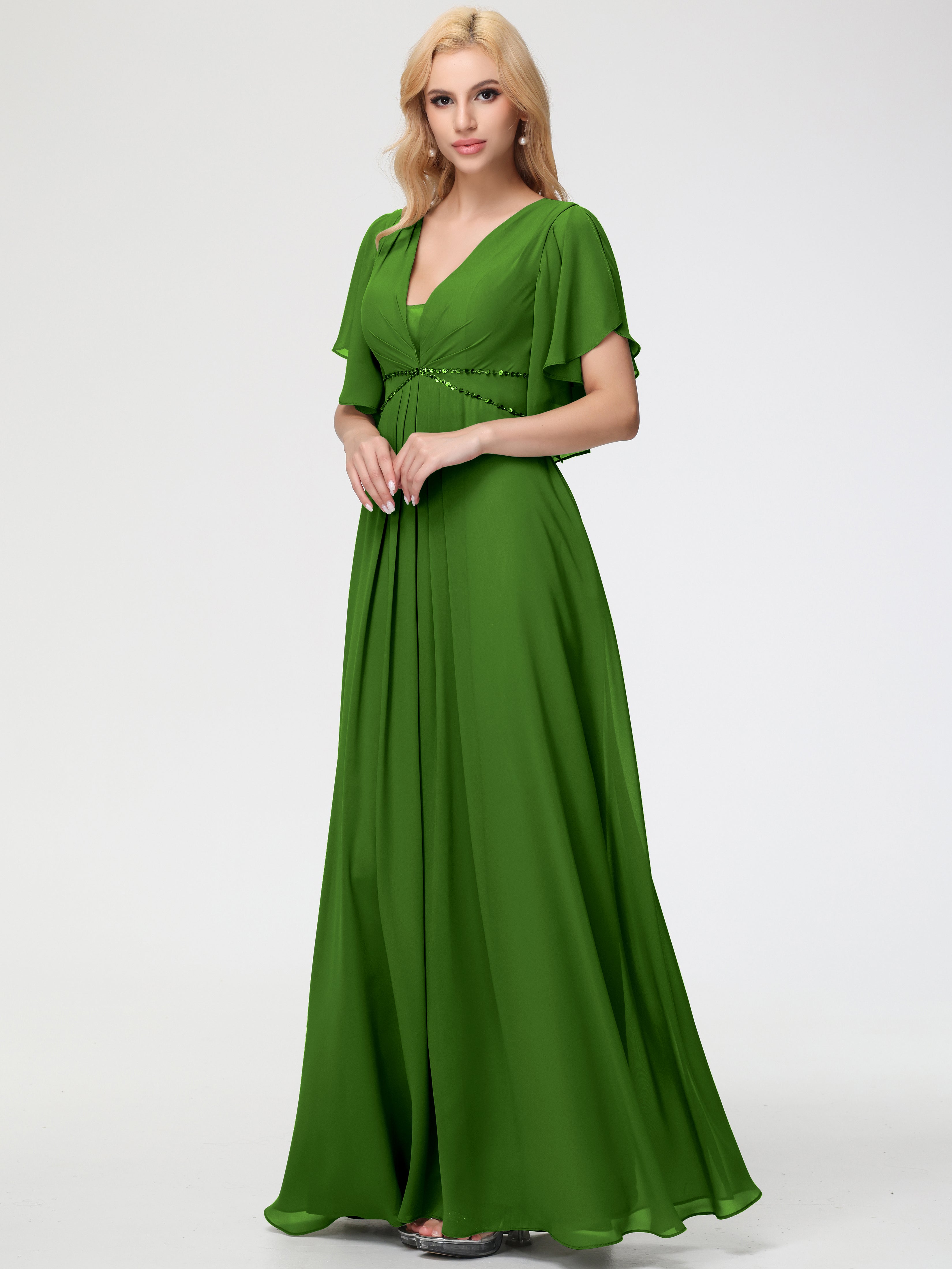 A-Line Sequins Sleeves Floor-Length Chiffon Bridesmaid Dresses