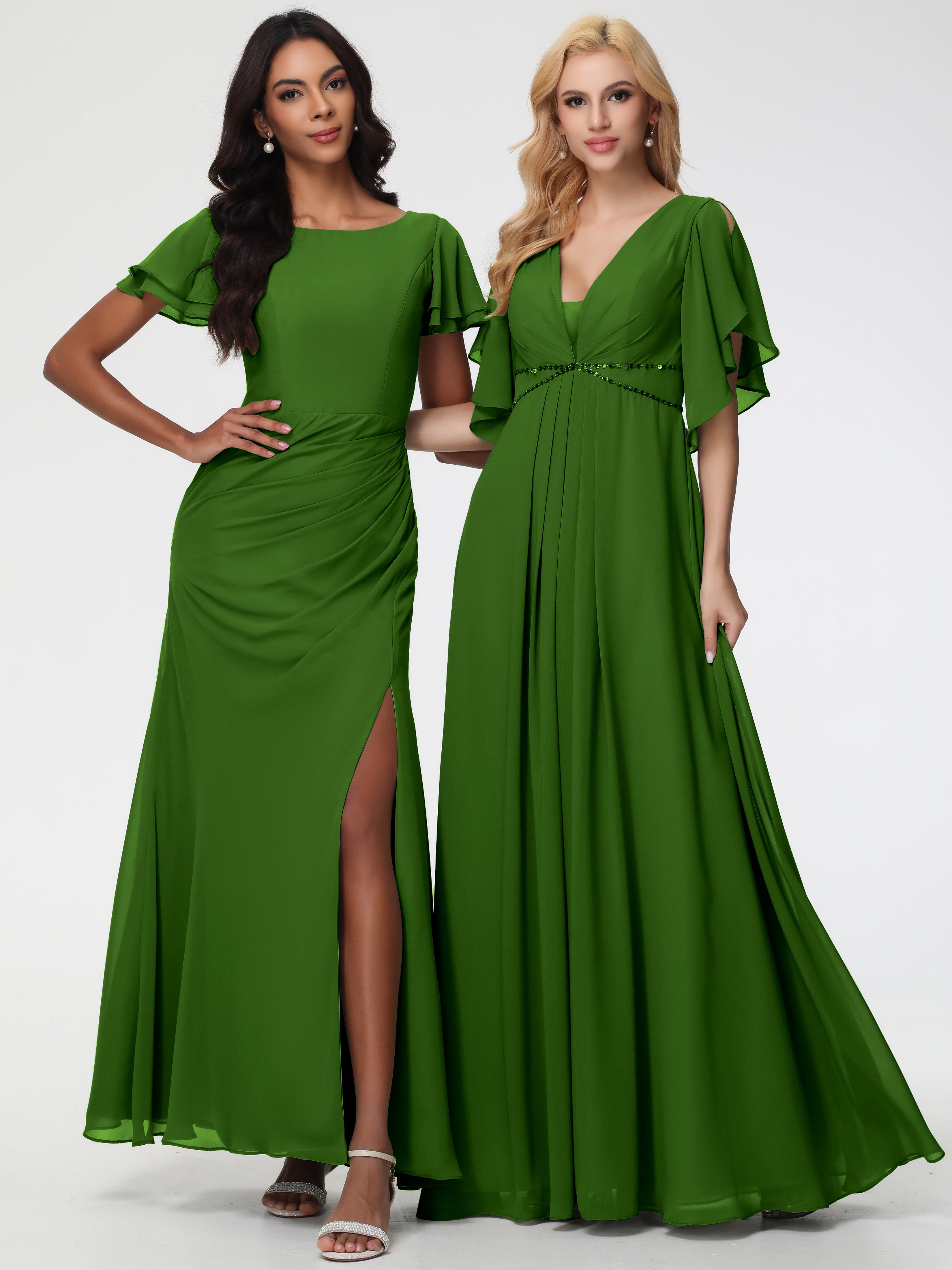 A-Line Sequins Sleeves Floor-Length Chiffon Bridesmaid Dresses