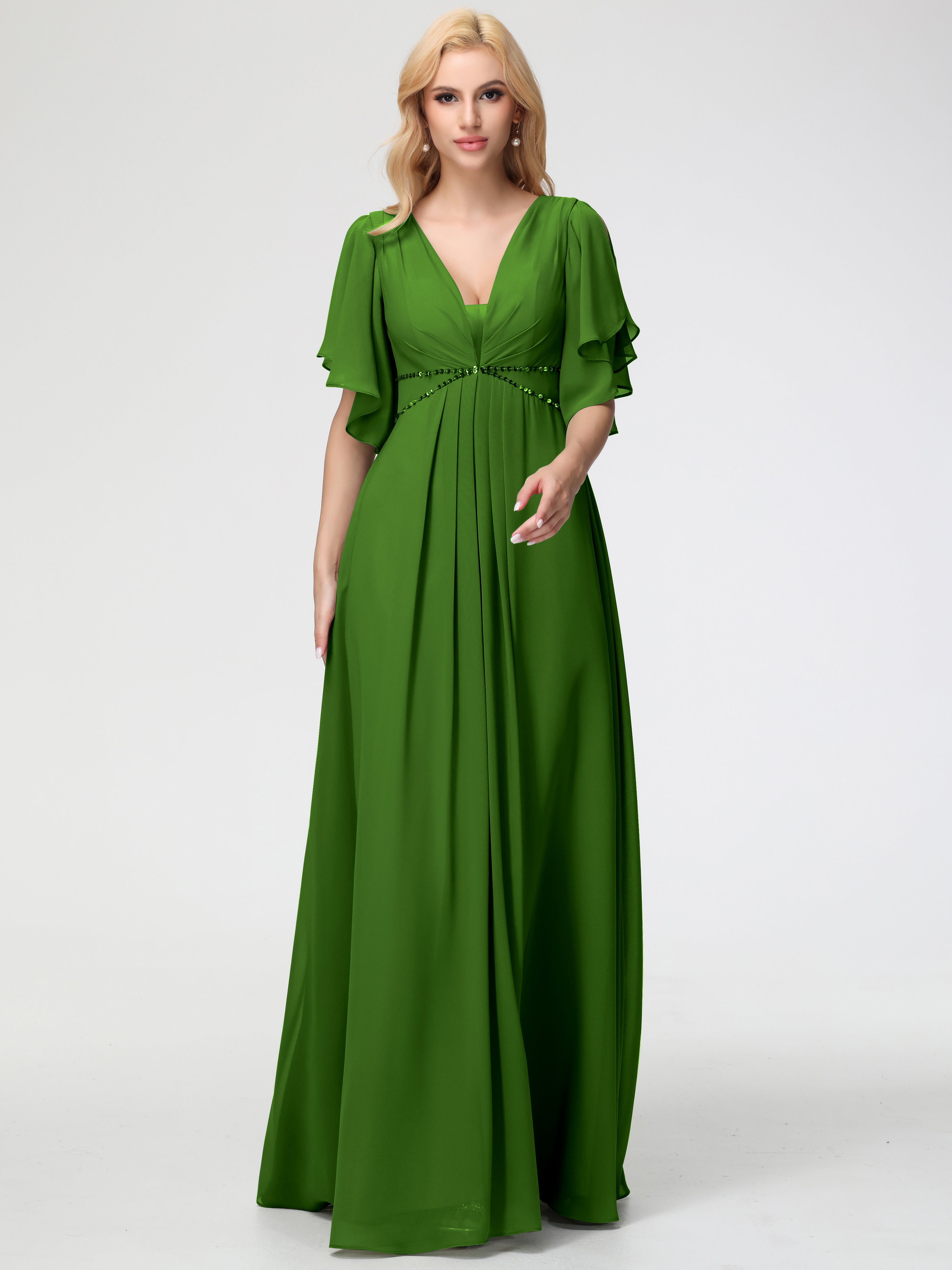 A-Line Sequins Sleeves Floor-Length Chiffon Bridesmaid Dresses