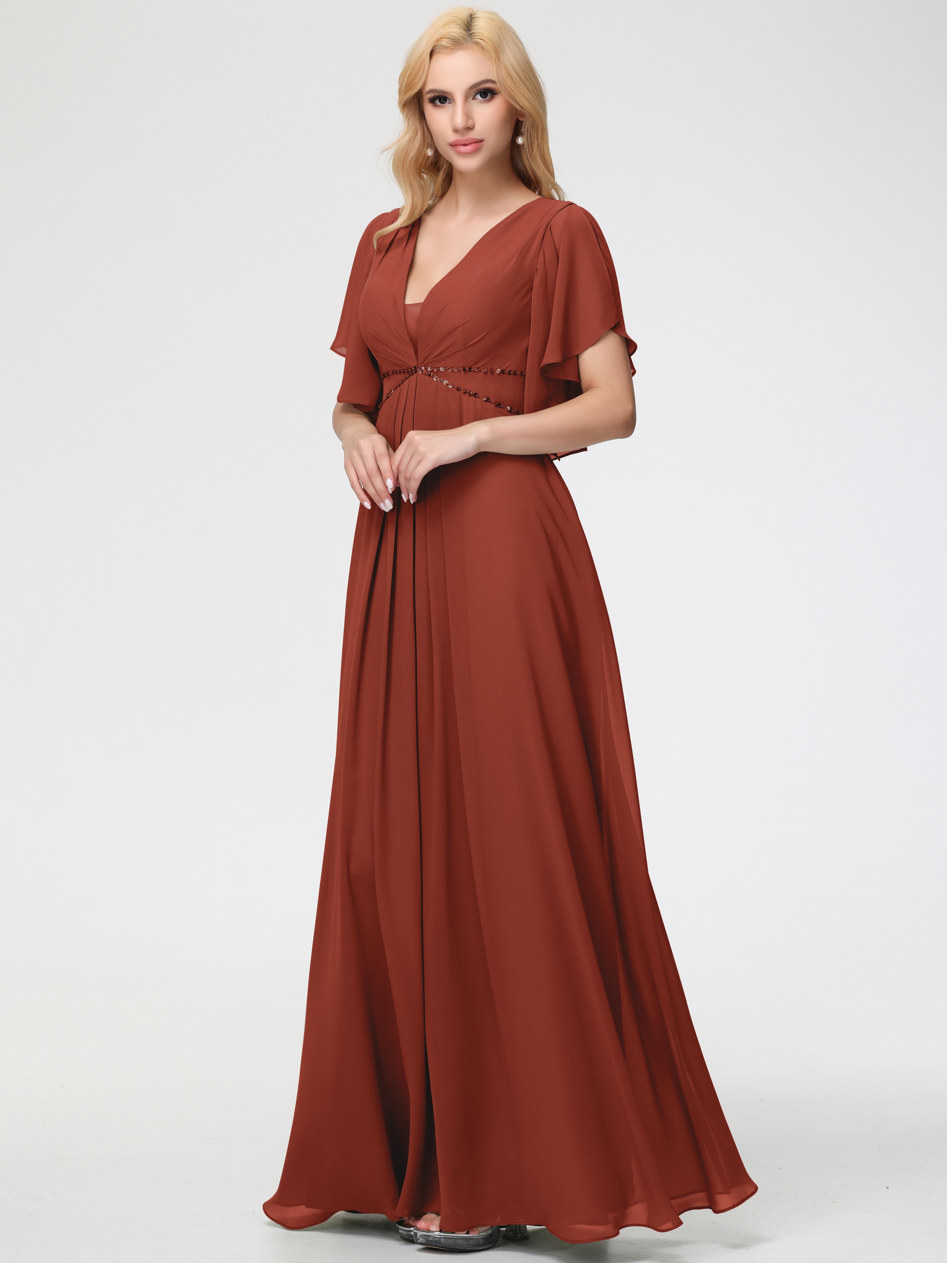 Rust Orange Bridesmaid Dresses A-Line Sequins Sleeves Floor-Length Chi