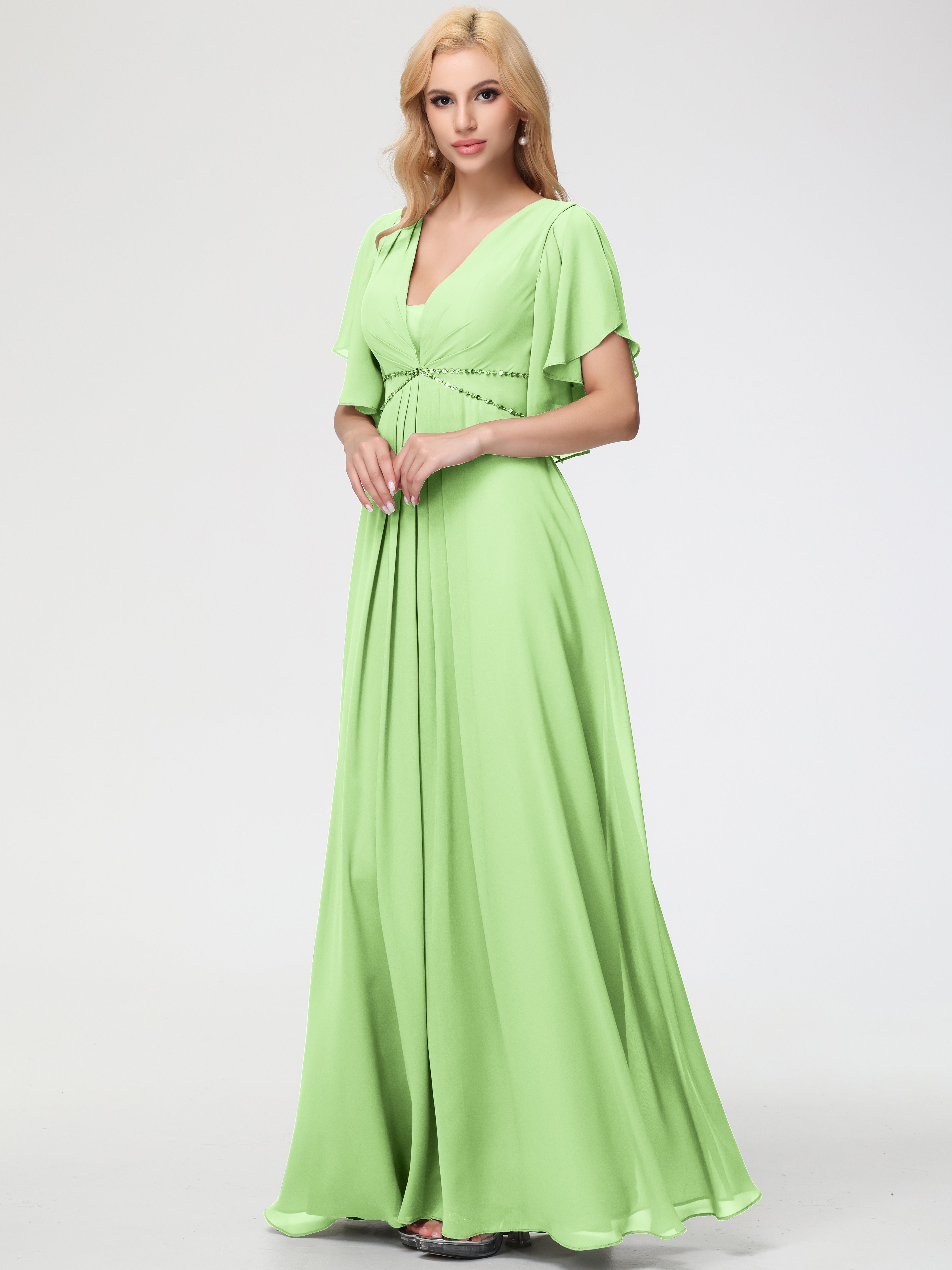Chiffon Sage Green Bridesmaid Dresses A-Line Sequins Sleeves Floor-Len Chiffon Sage Green Bridesmaid Dresses A-Line Sequins Sleeves Floor-Len