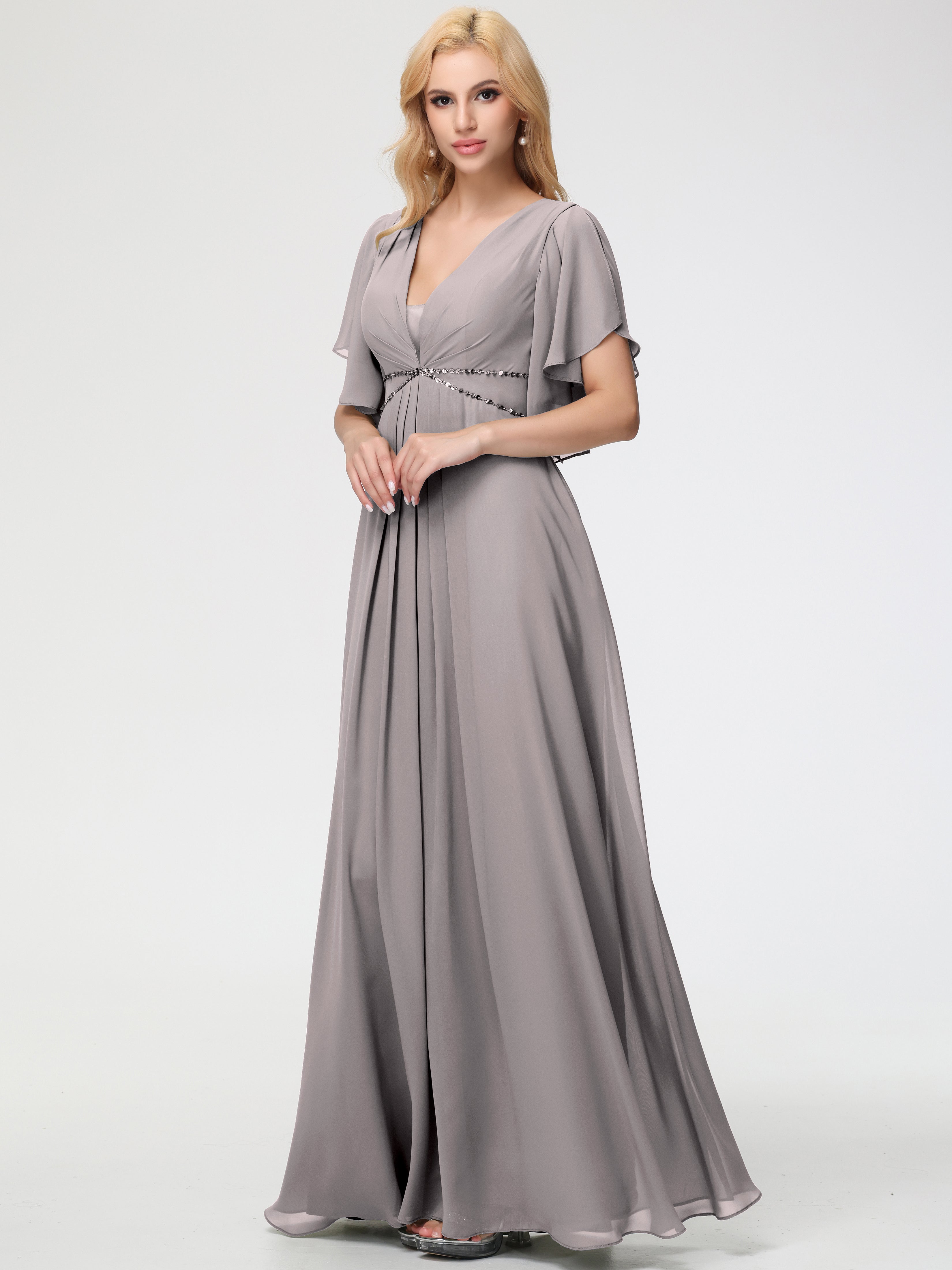 Silver Grey Bridesmaid Dresses A-Line Sequins Sleeves Floor-Length Chi Silver Grey Bridesmaid Dresses A-Line Sequins Sleeves Floor-Length Chi