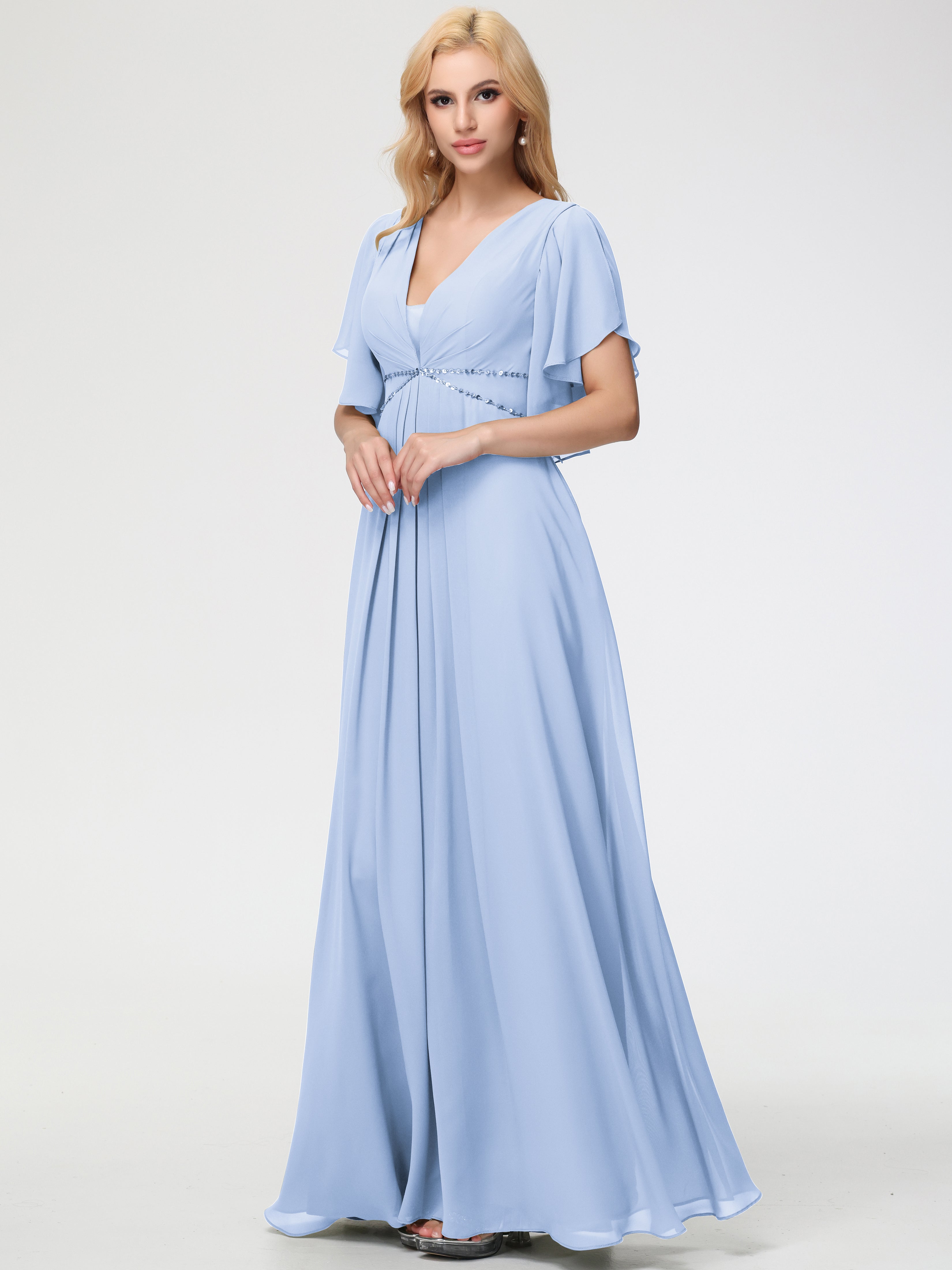 Sky Blue Bridesmaid Dress A-Line Sequins Sleeves Floor-Length Chiffon