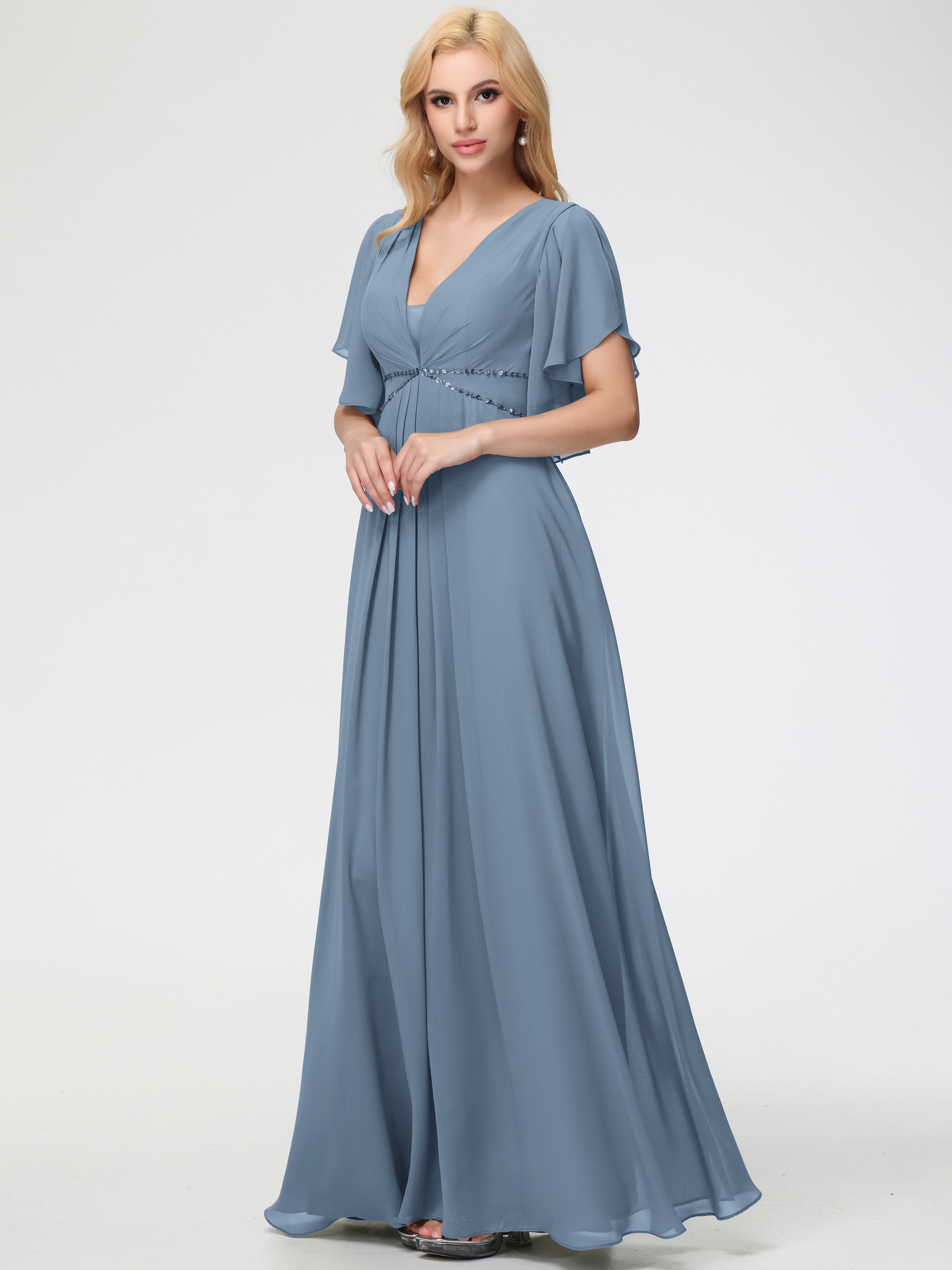 Slate Blue Bridesmaid Dress A-Line Sequins Sleeves Floor-Length Chiffo