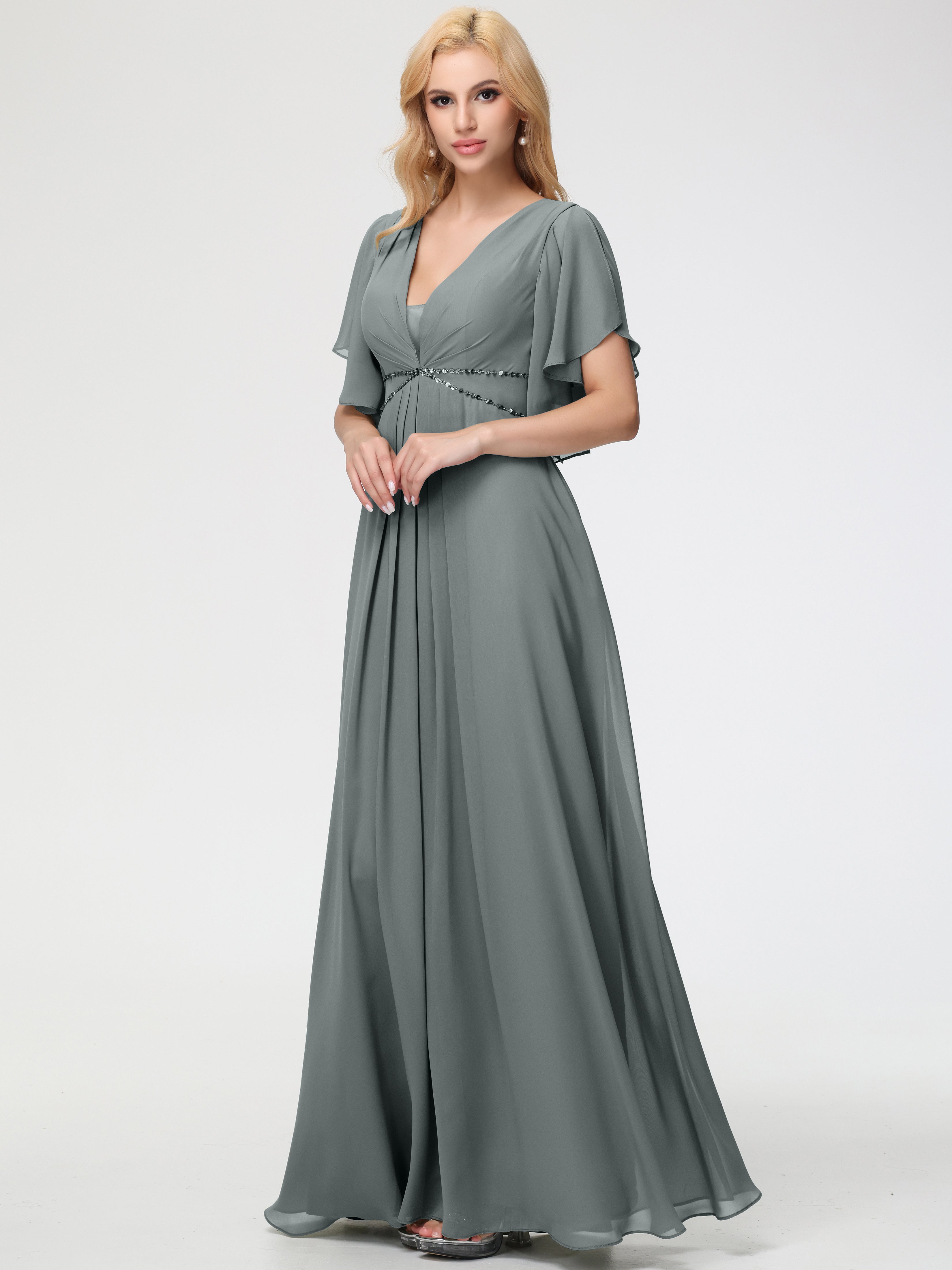 A-Line Sequins Sleeves Floor-Length Chiffon Bridesmaid Dresses (Copy)