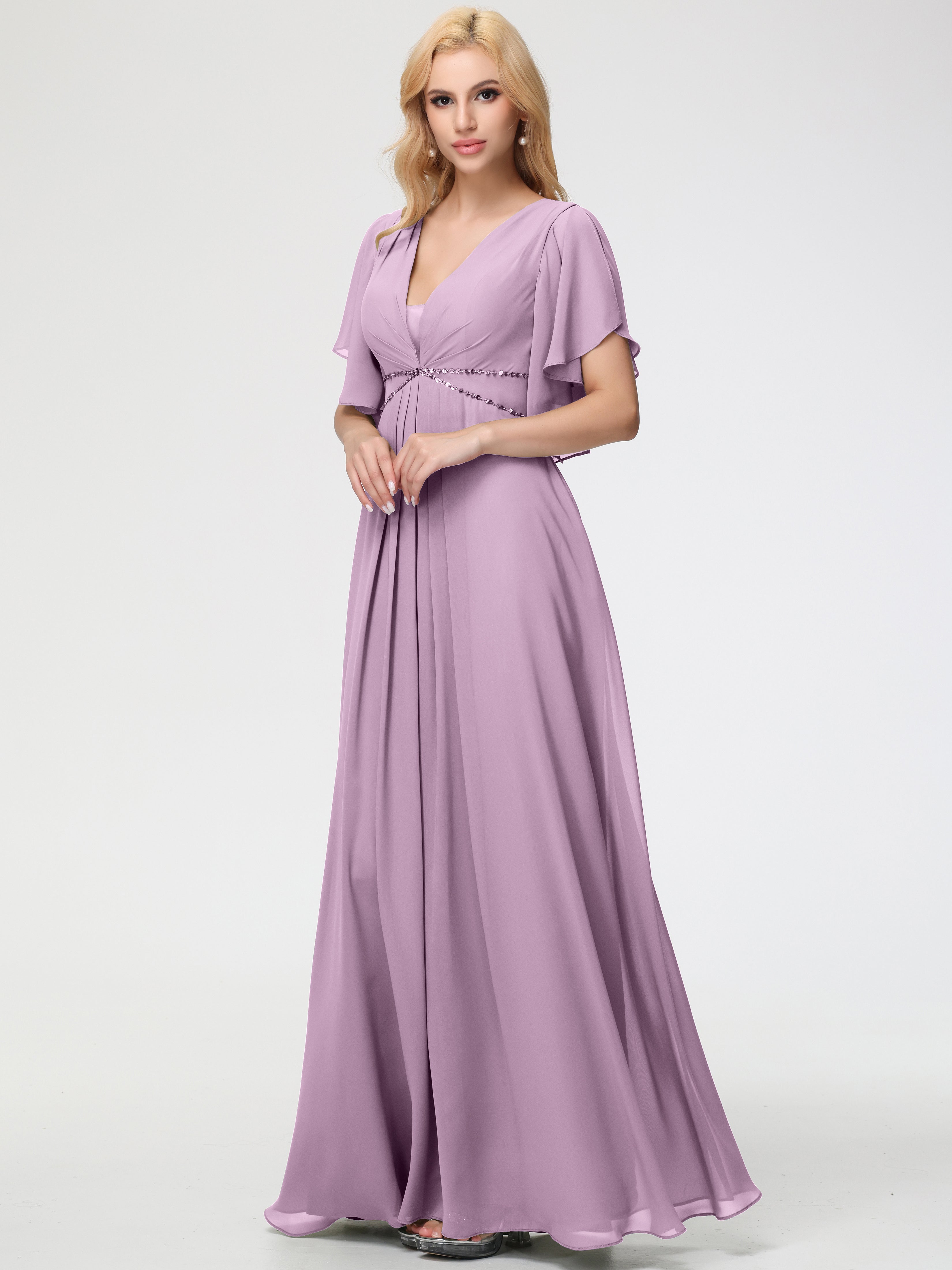 A-Line Sequins Sleeves Floor-Length Chiffon Bridesmaid Dresses (Copy)