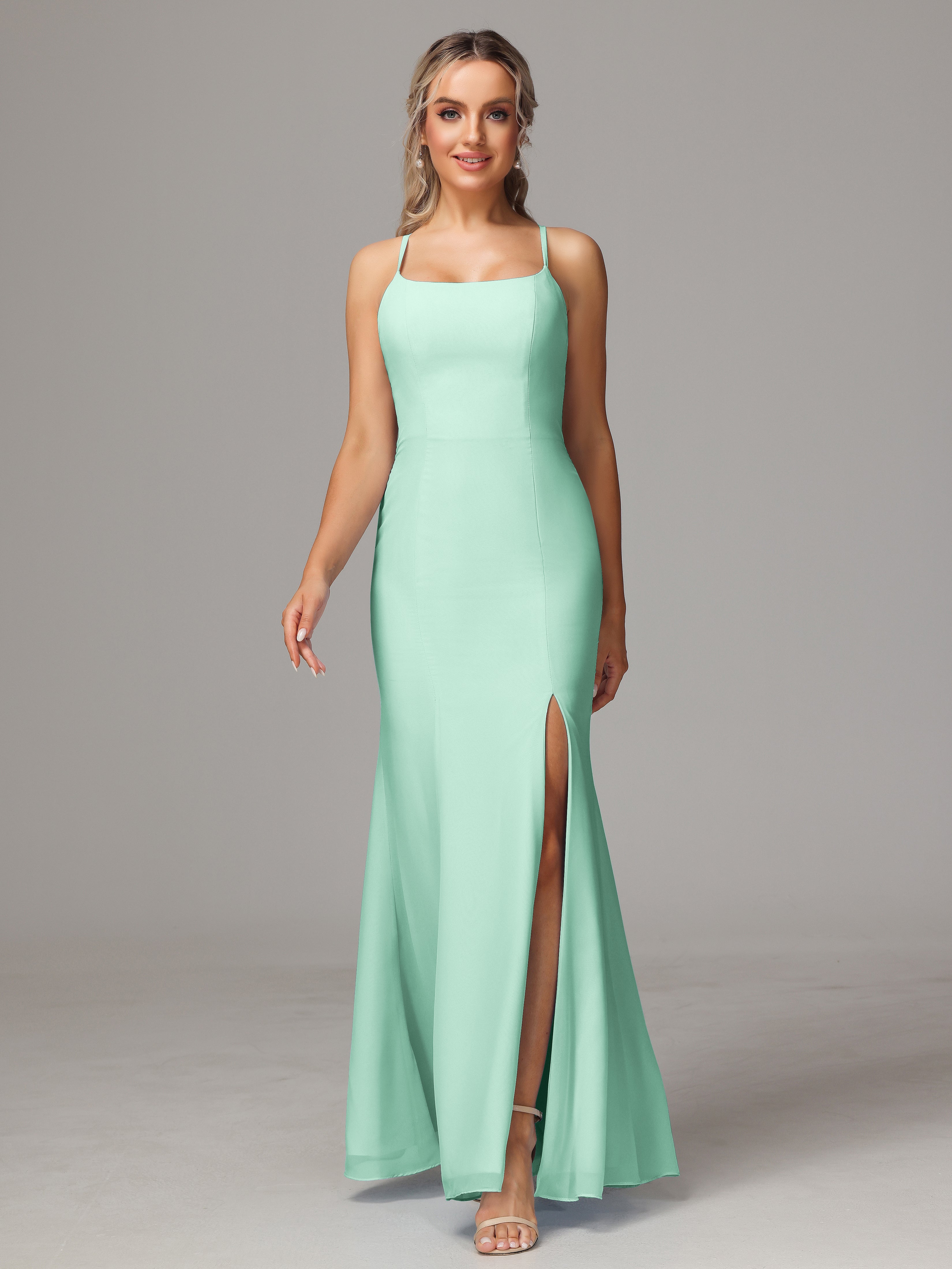 Long Mint Green Bridesmaid Dresses Sheath/Column Spaghetti Straps Chif
