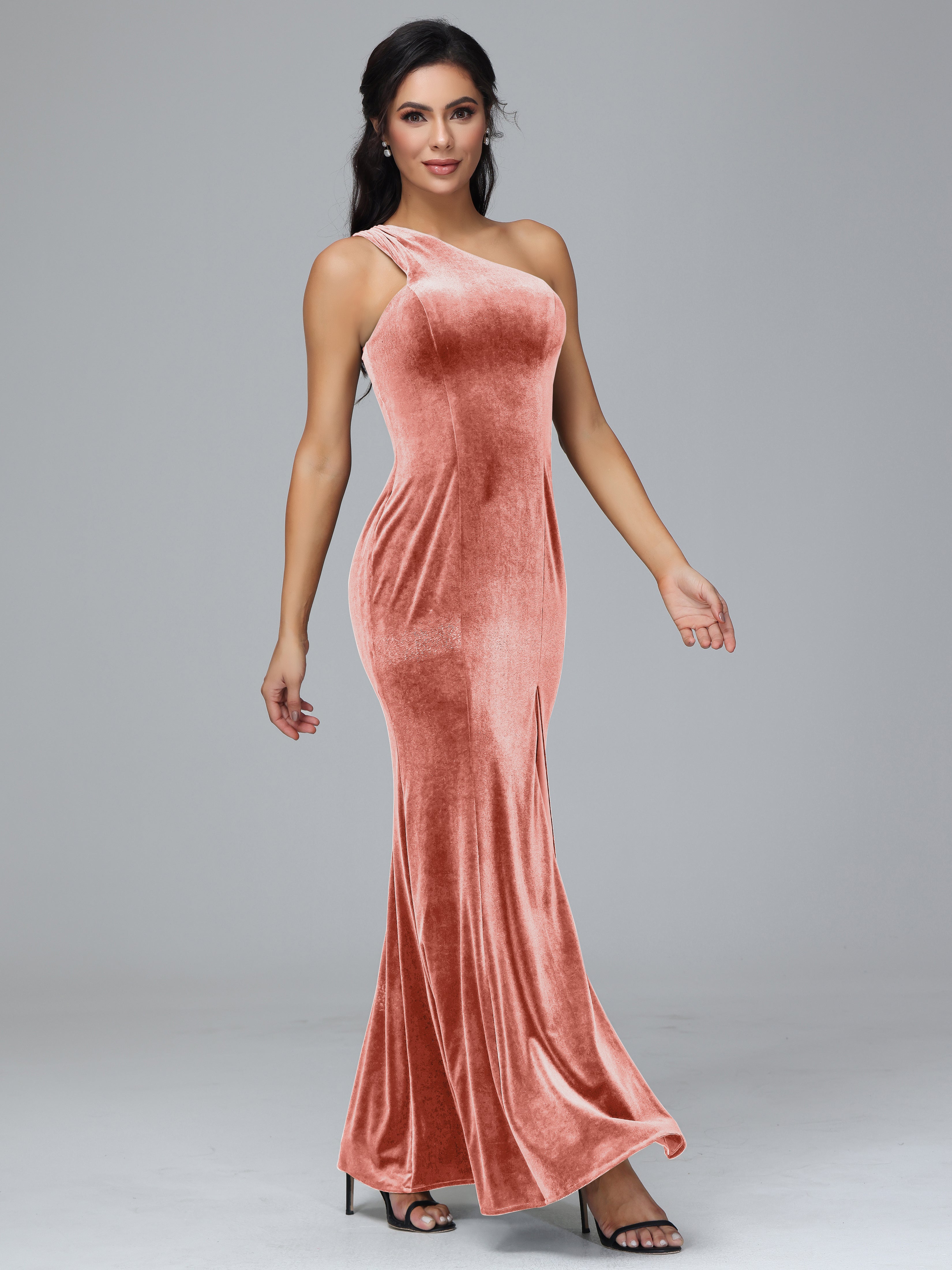 Sheath/Column One Shoulder Long Velvet Bridesmaid Dresses With Split