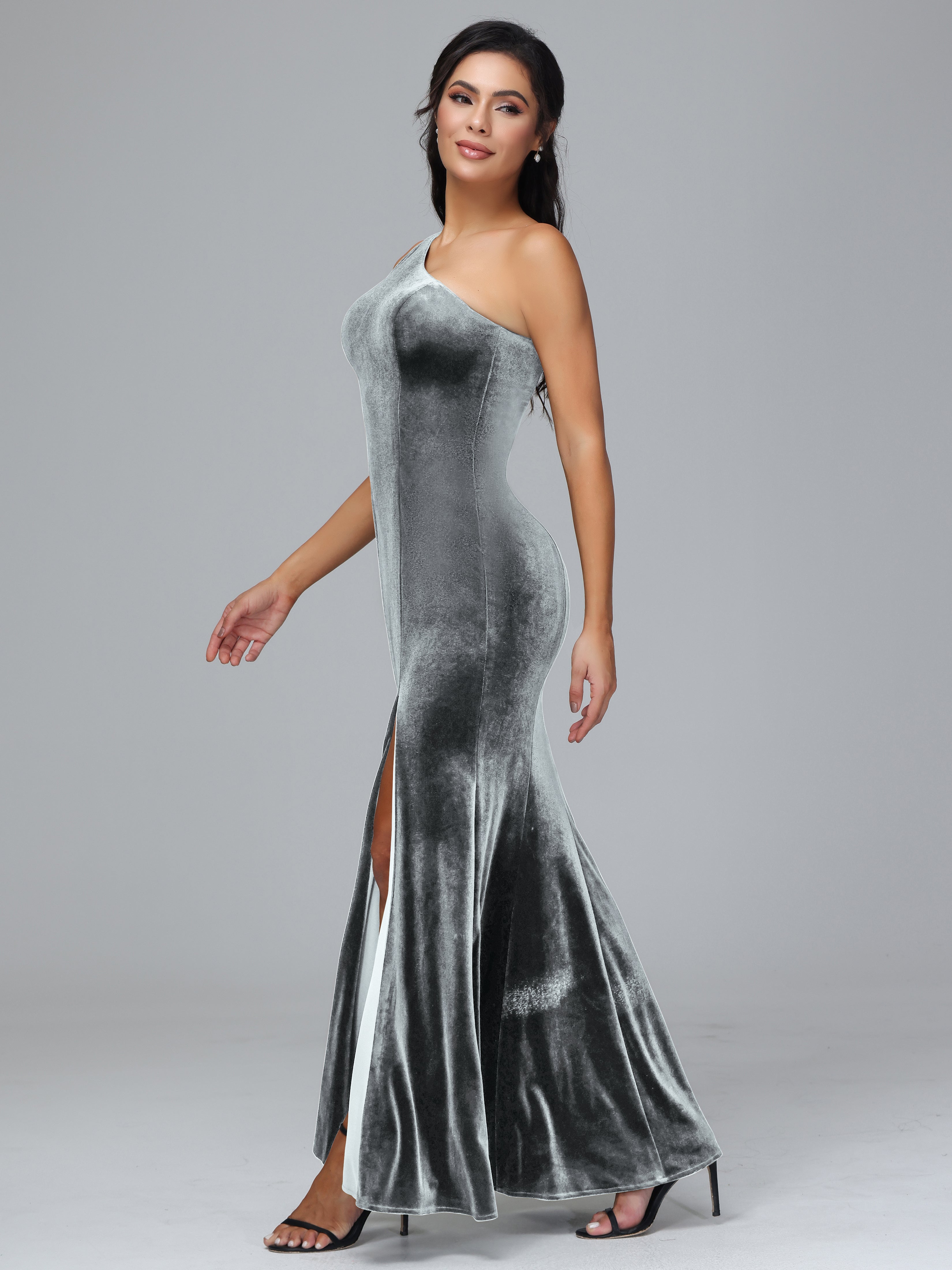 Sheath/Column One Shoulder Long Velvet Bridesmaid Dresses With Split