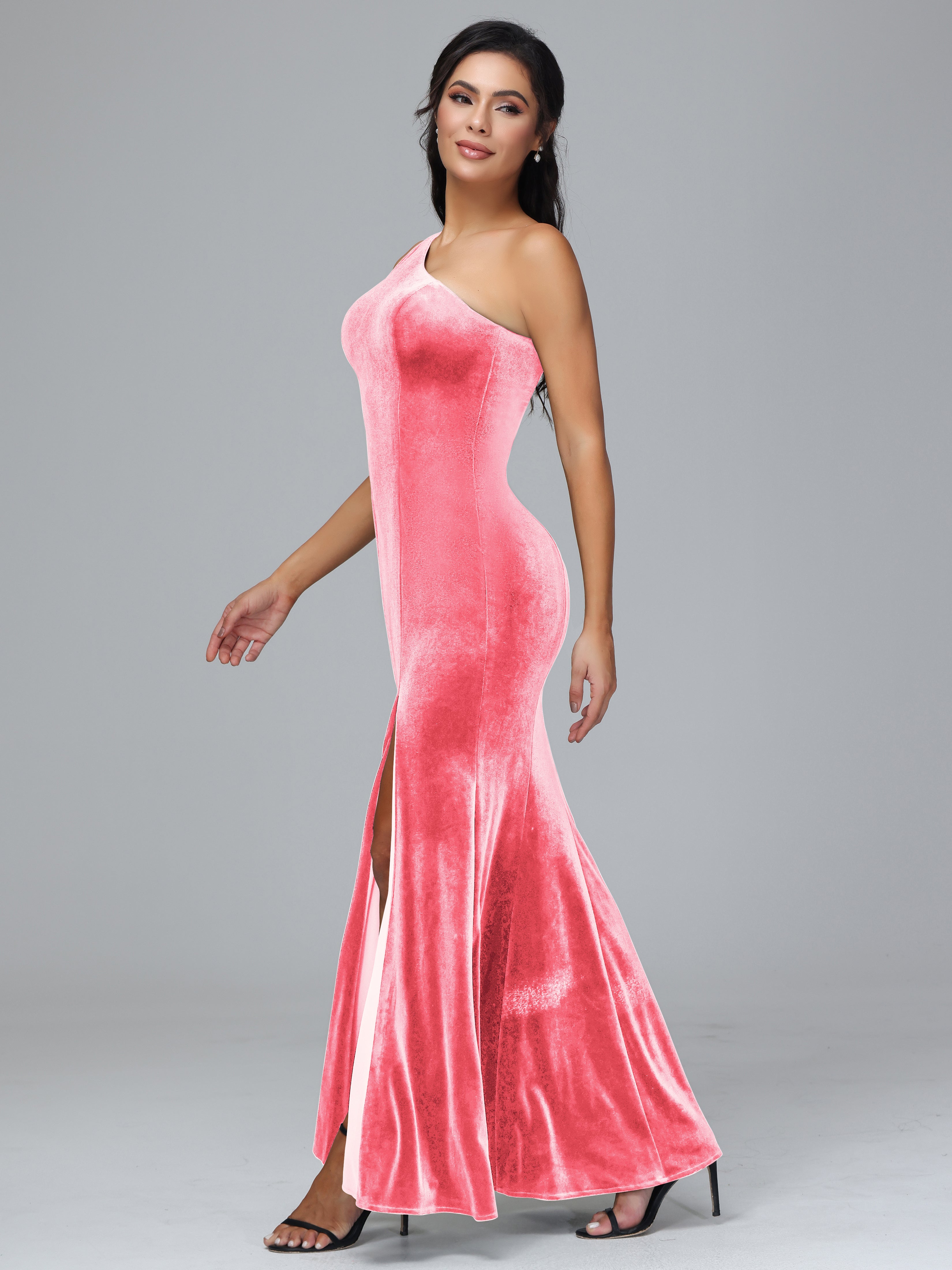 Sheath/Column One Shoulder Long Velvet Bridesmaid Dresses With Split