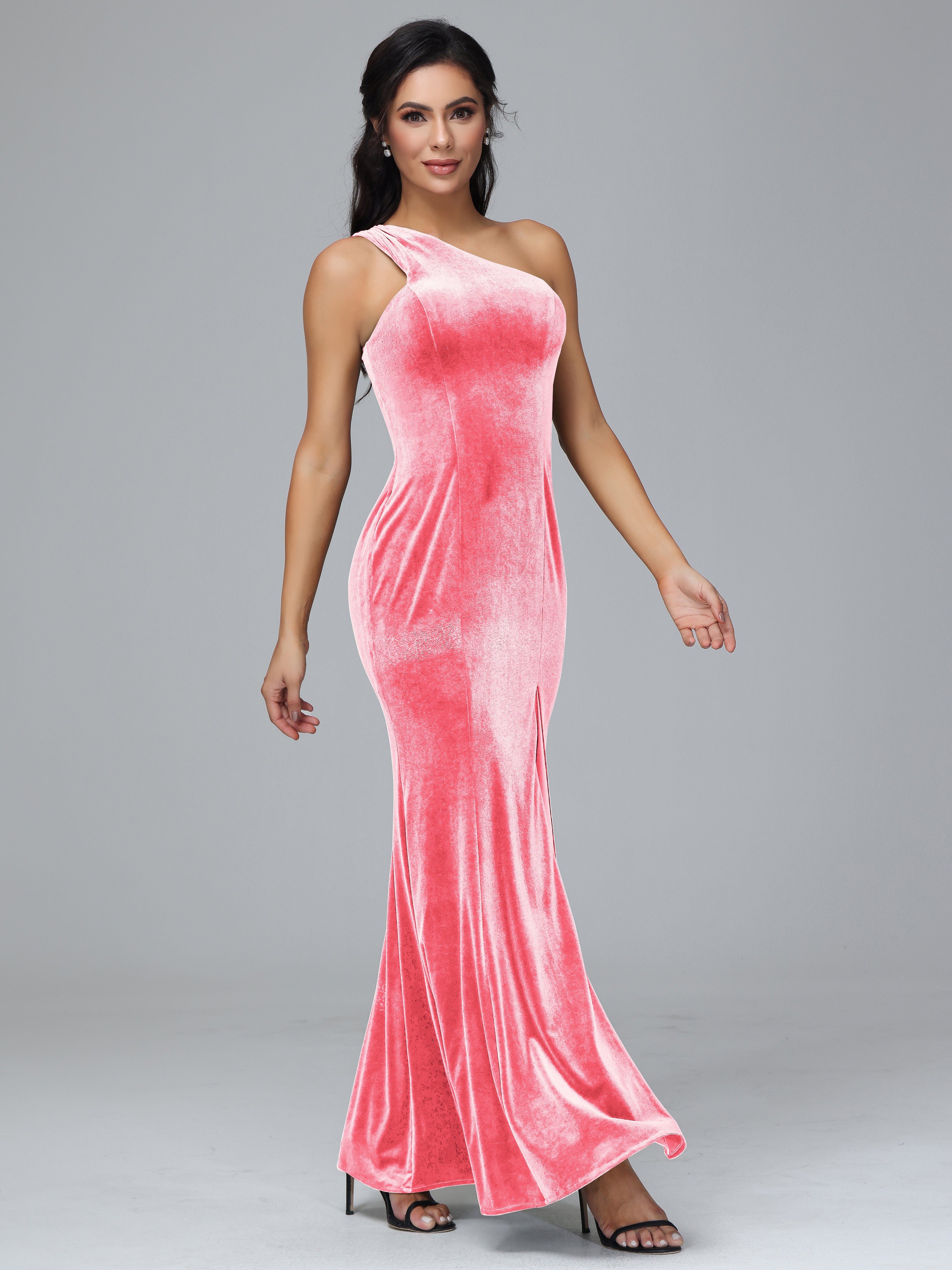 Sheath/Column One Shoulder Long Velvet Bridesmaid Dresses With Split