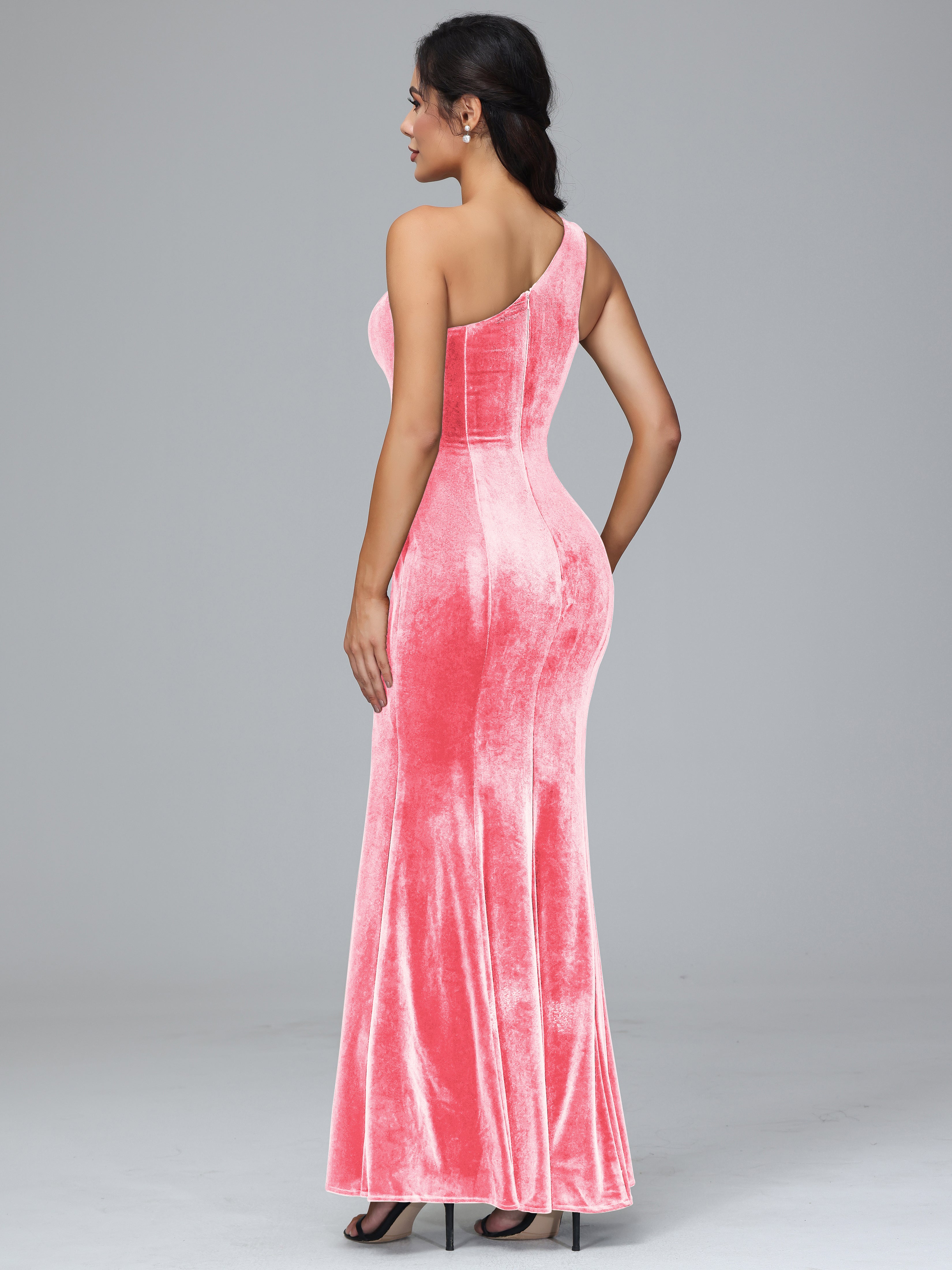 Sheath/Column One Shoulder Long Velvet Bridesmaid Dresses With Split