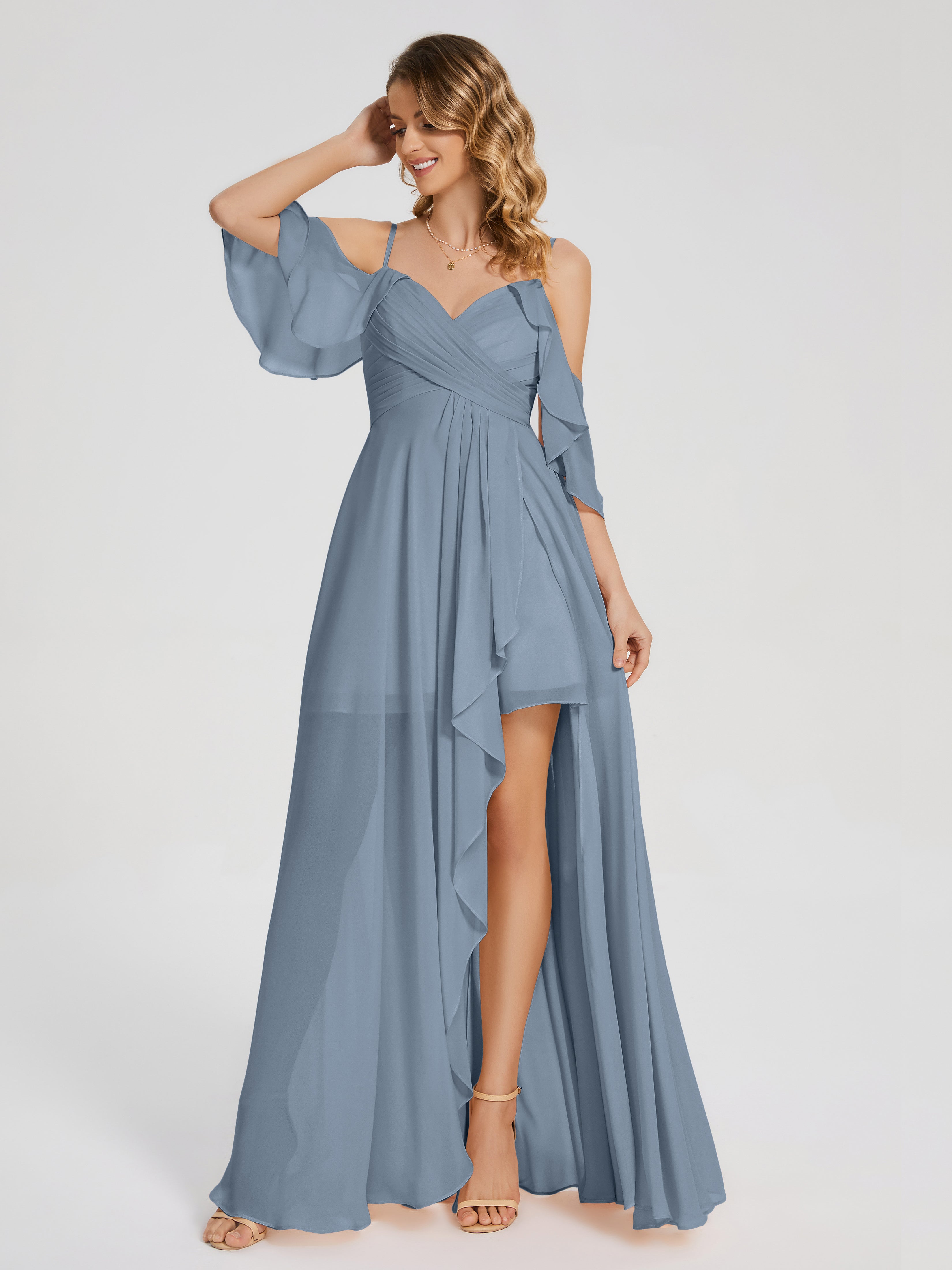 Dusty Blue Bridesmaids Dresses Lilah Hanging Sleeves Asymmetrical Brid