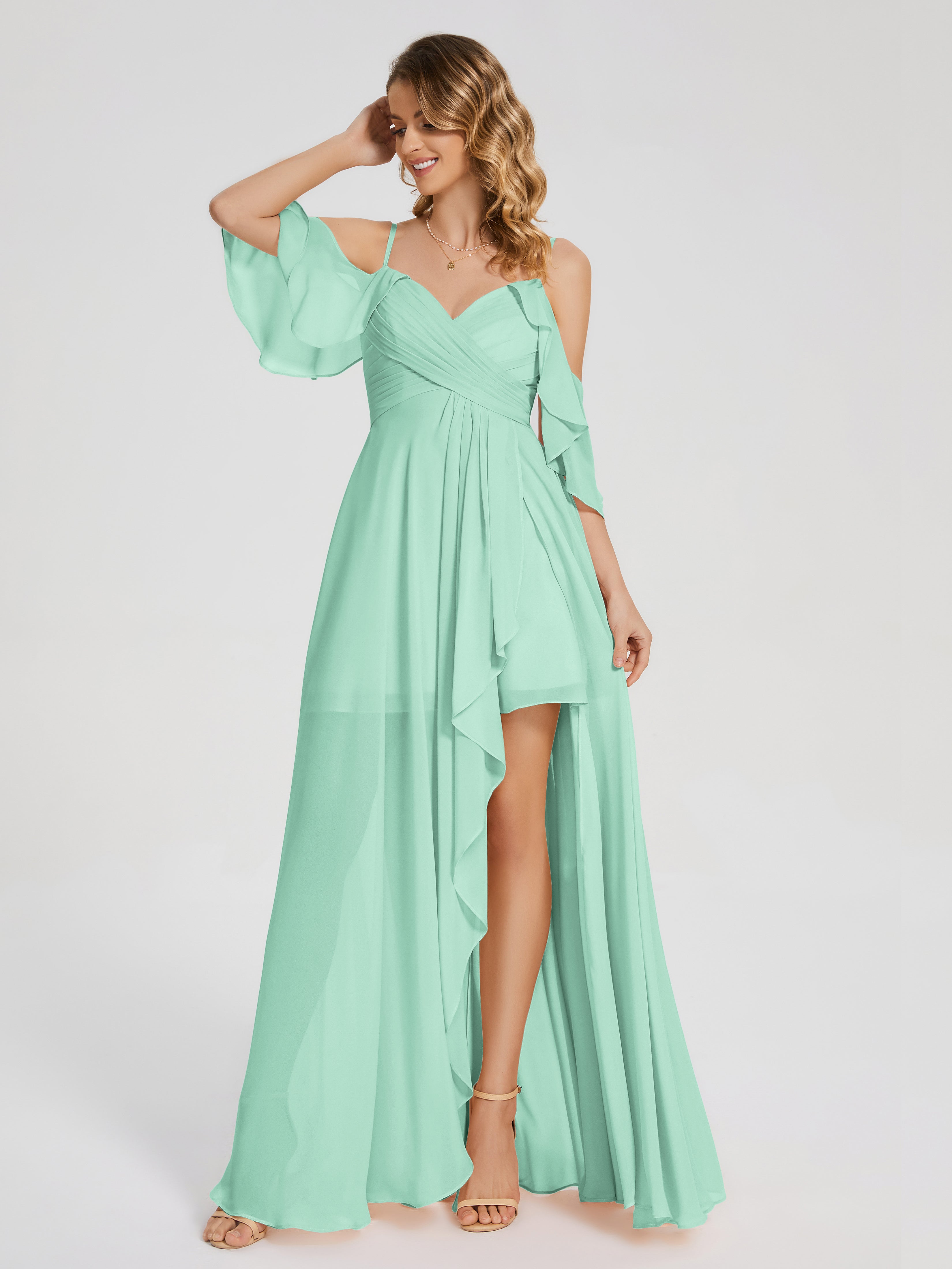 Mint Green Bridesmaids Dress Lilah Hanging Sleeves Asymmetrical Brides