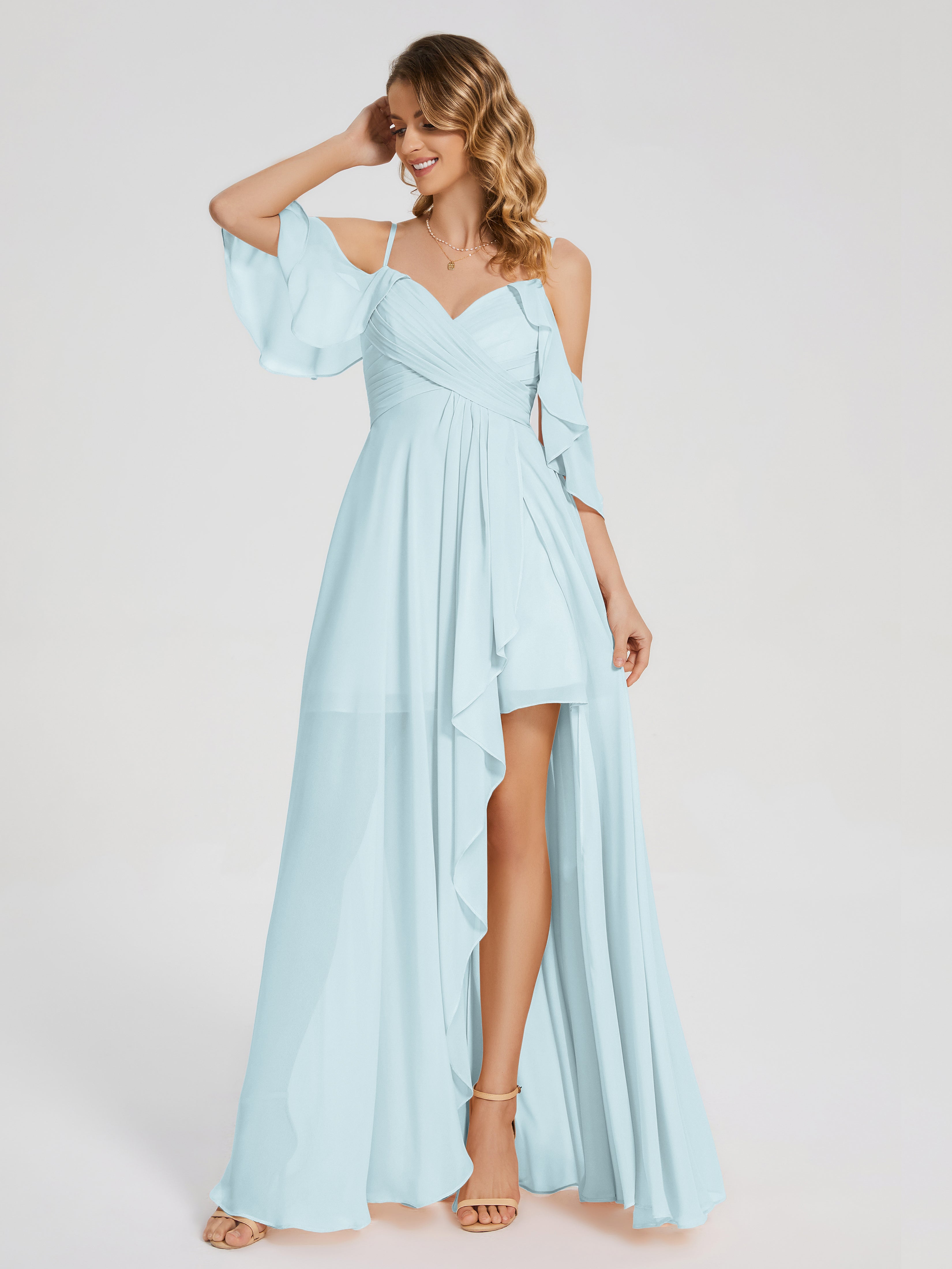 Mist Blue Bridesmaid Dresses Lilah Hanging Sleeves Asymmetrical Brides