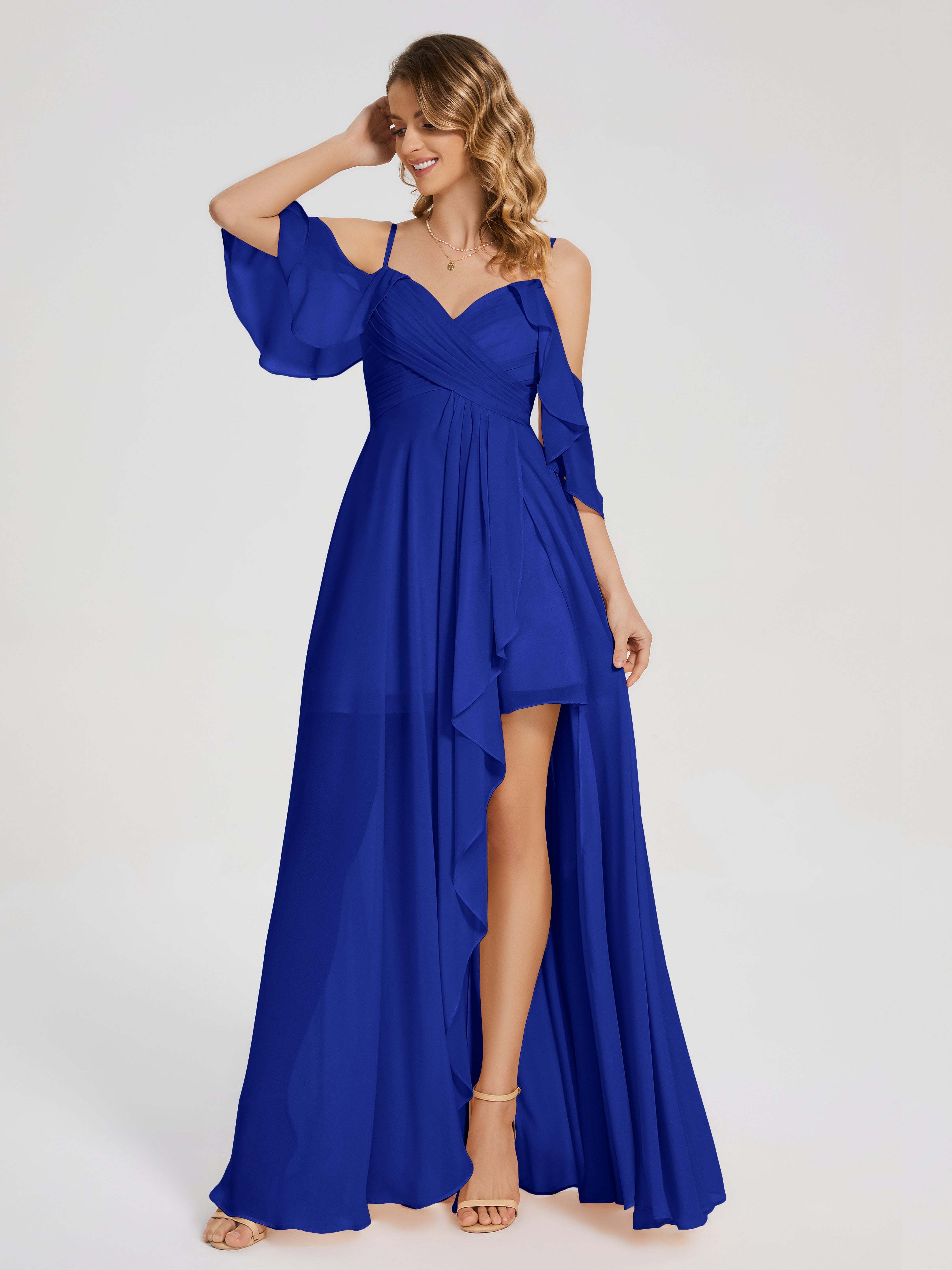Long Royal Blue Bridesmaid Dresses Lilah Hanging Sleeves Asymmetrical