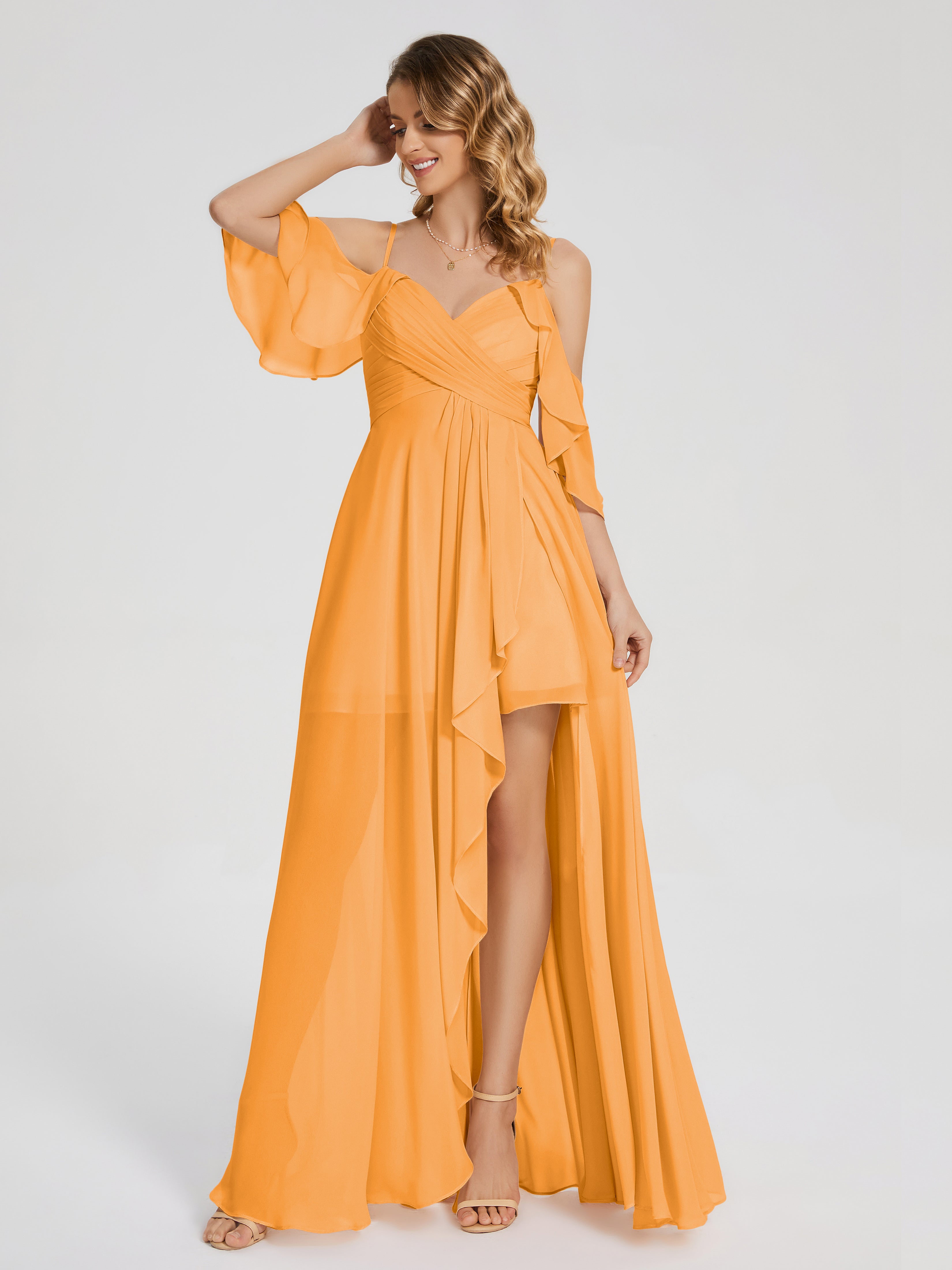 Tangerine Orange Bridesmaid Dress Lilah Hanging Sleeves Asymmetrical B