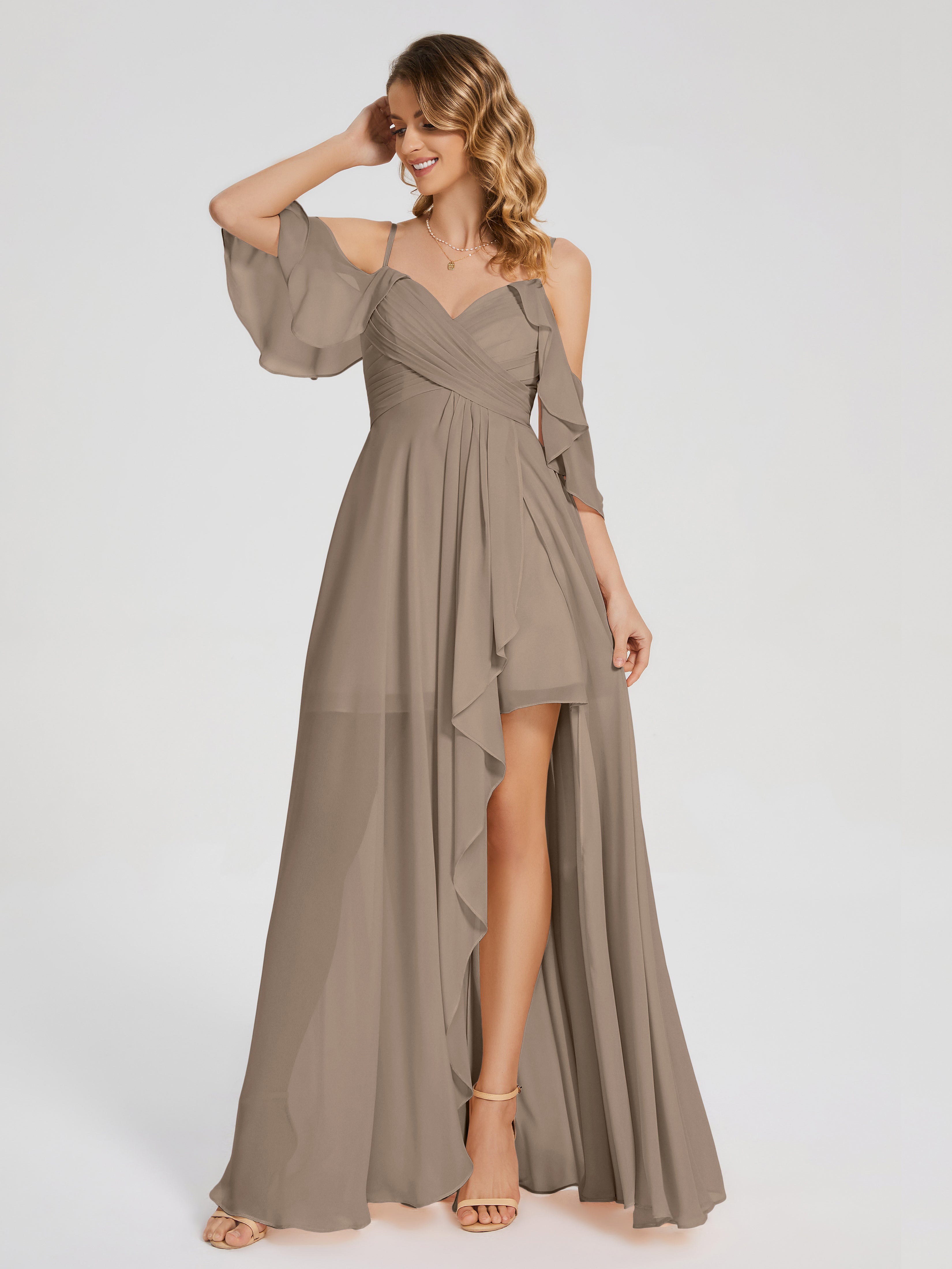 Taupe Colour Bridesmaid Dresses Lilah Hanging Sleeves Asymmetrical Bri