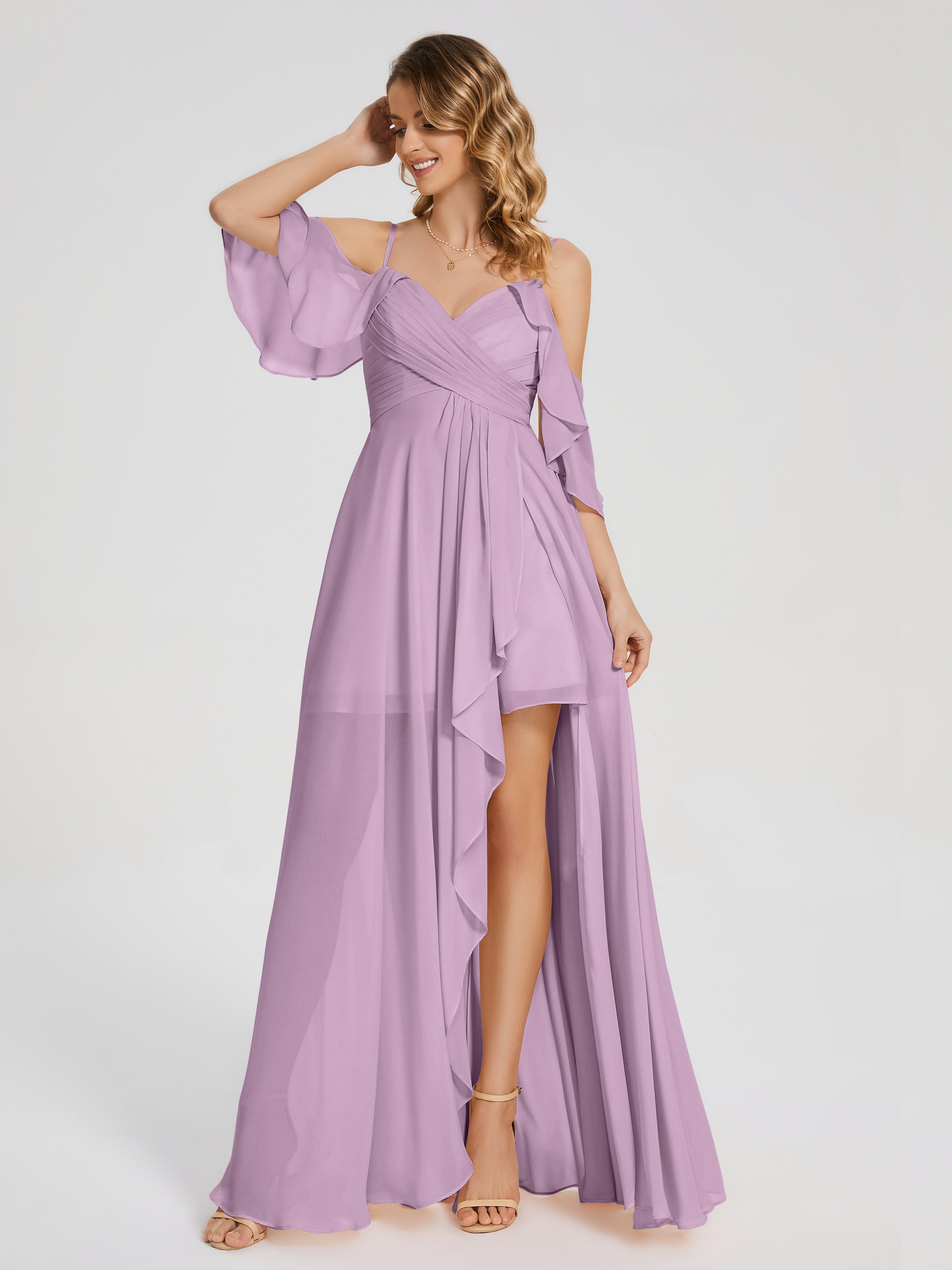Wisteria Color Bridesmaid Dresses Lilah Hanging Sleeves Asymmetrical B