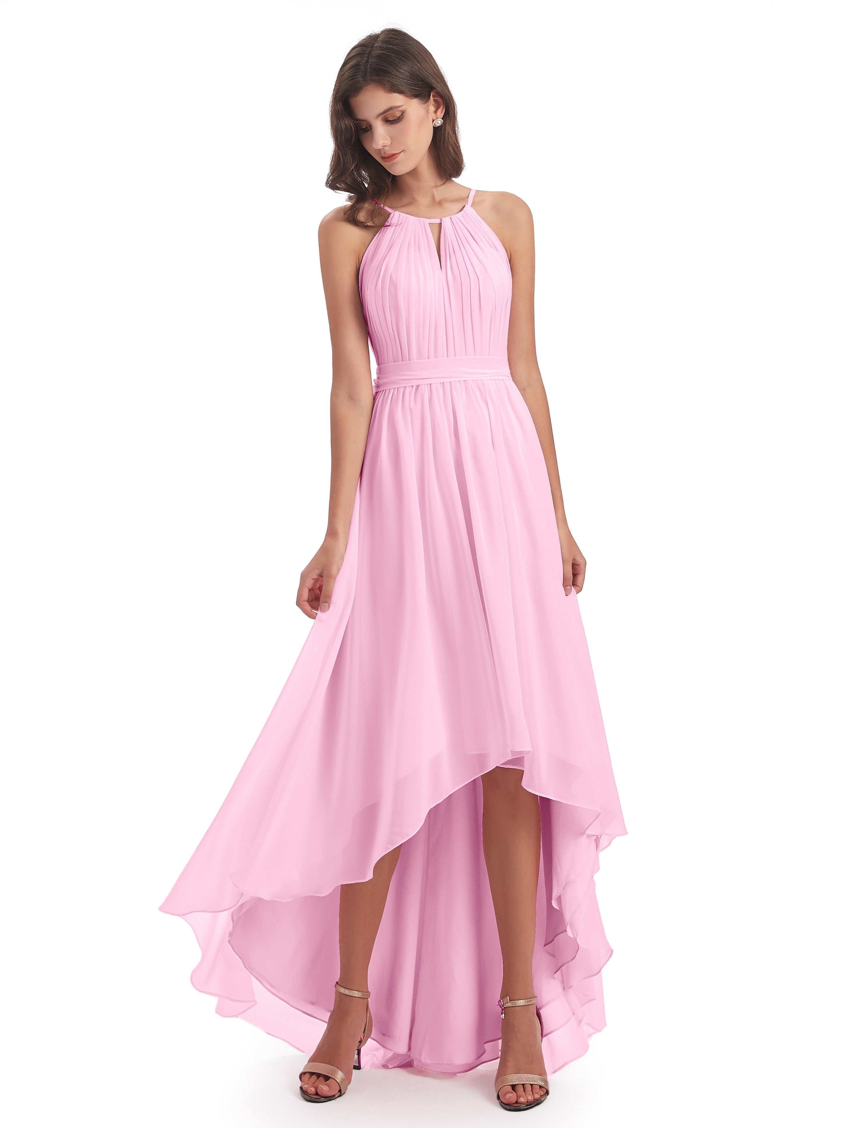 Candy Pink Bridesmaid Dresses Uk Dreamy Halter High-Low Chiffon Brides