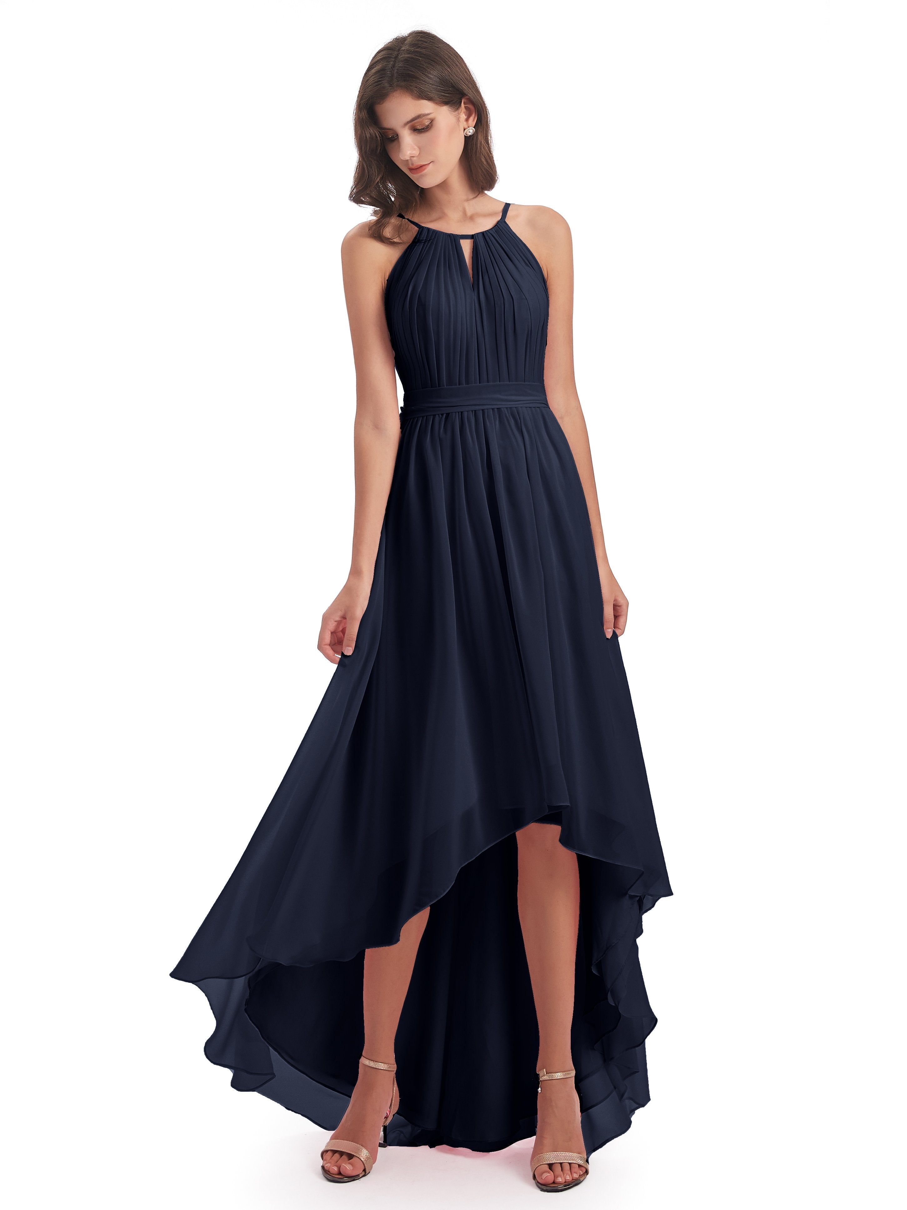 Dark Navy Bridesmaid Dresses Uk Lilly Dreamy Halter High-Low Chiffon  Bridesmaid Dresses