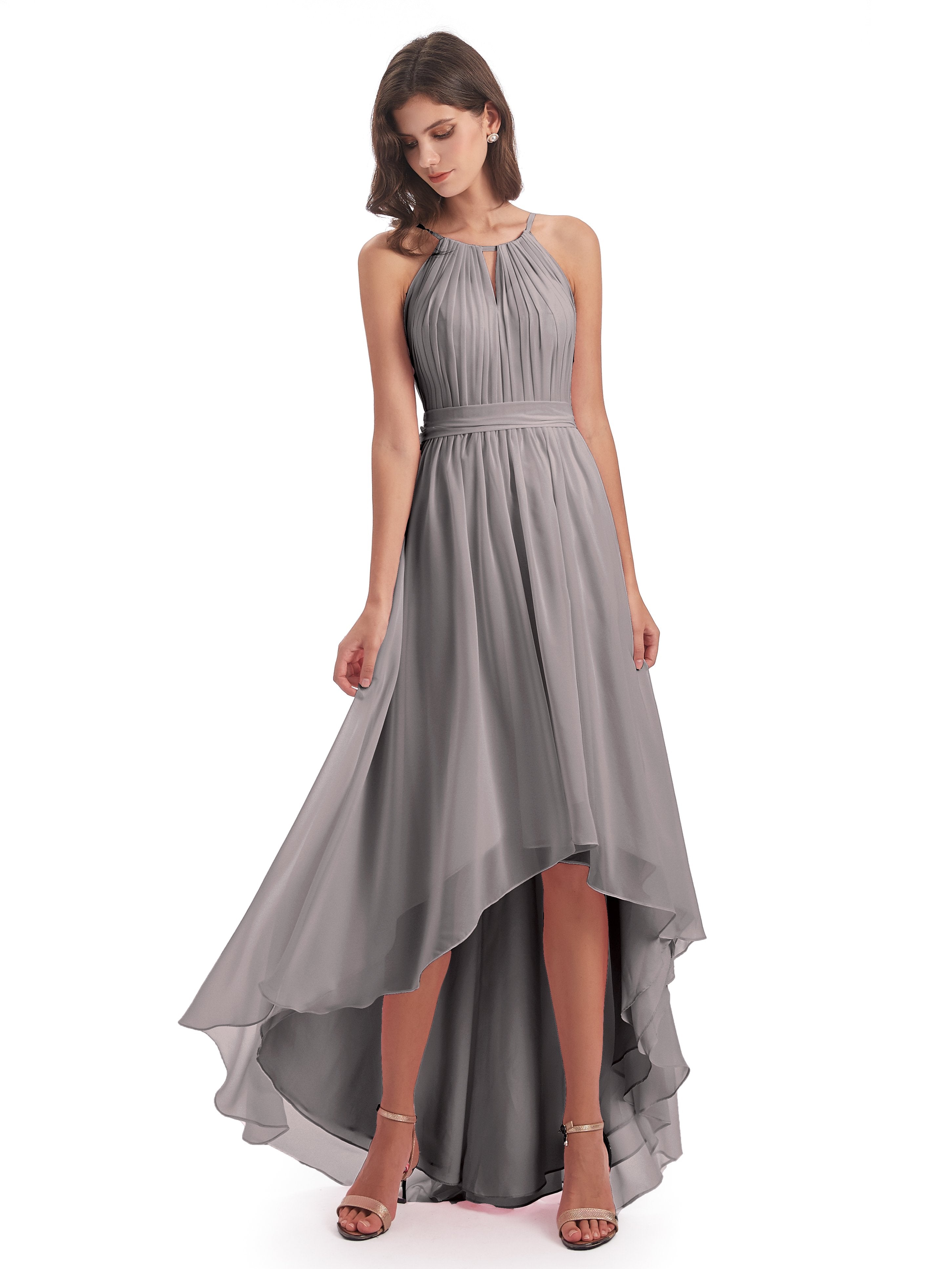 Silver Grey Bridesmaid Dresses Lilly Dreamy Halter High-Low Chiffon Br