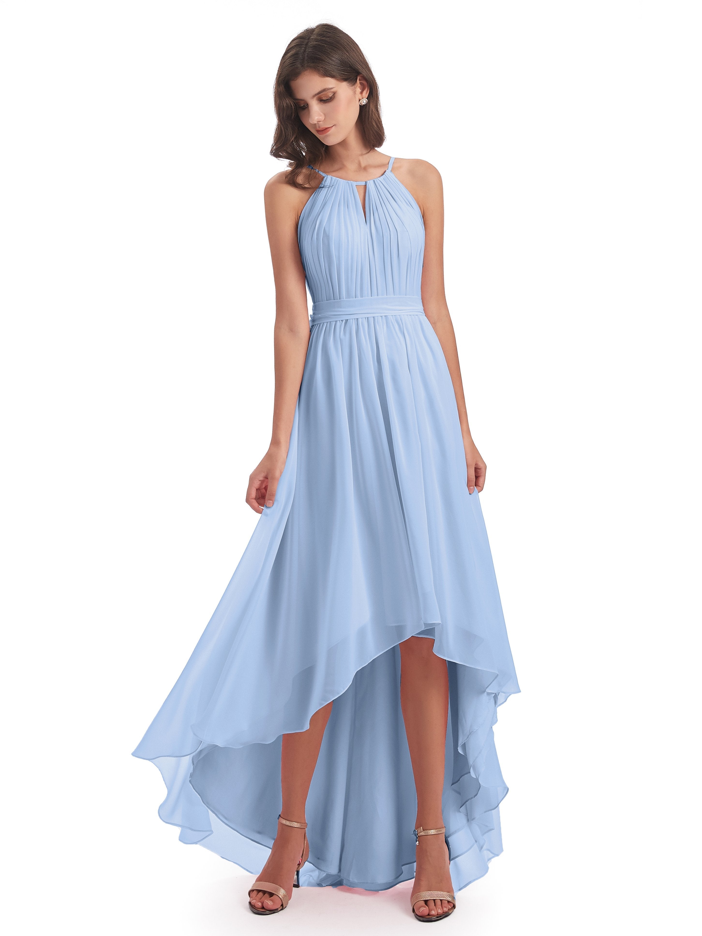 Sky Blue Bridesmaid Dress Lilly Dreamy Halter High-Low Chiffon Bridesm