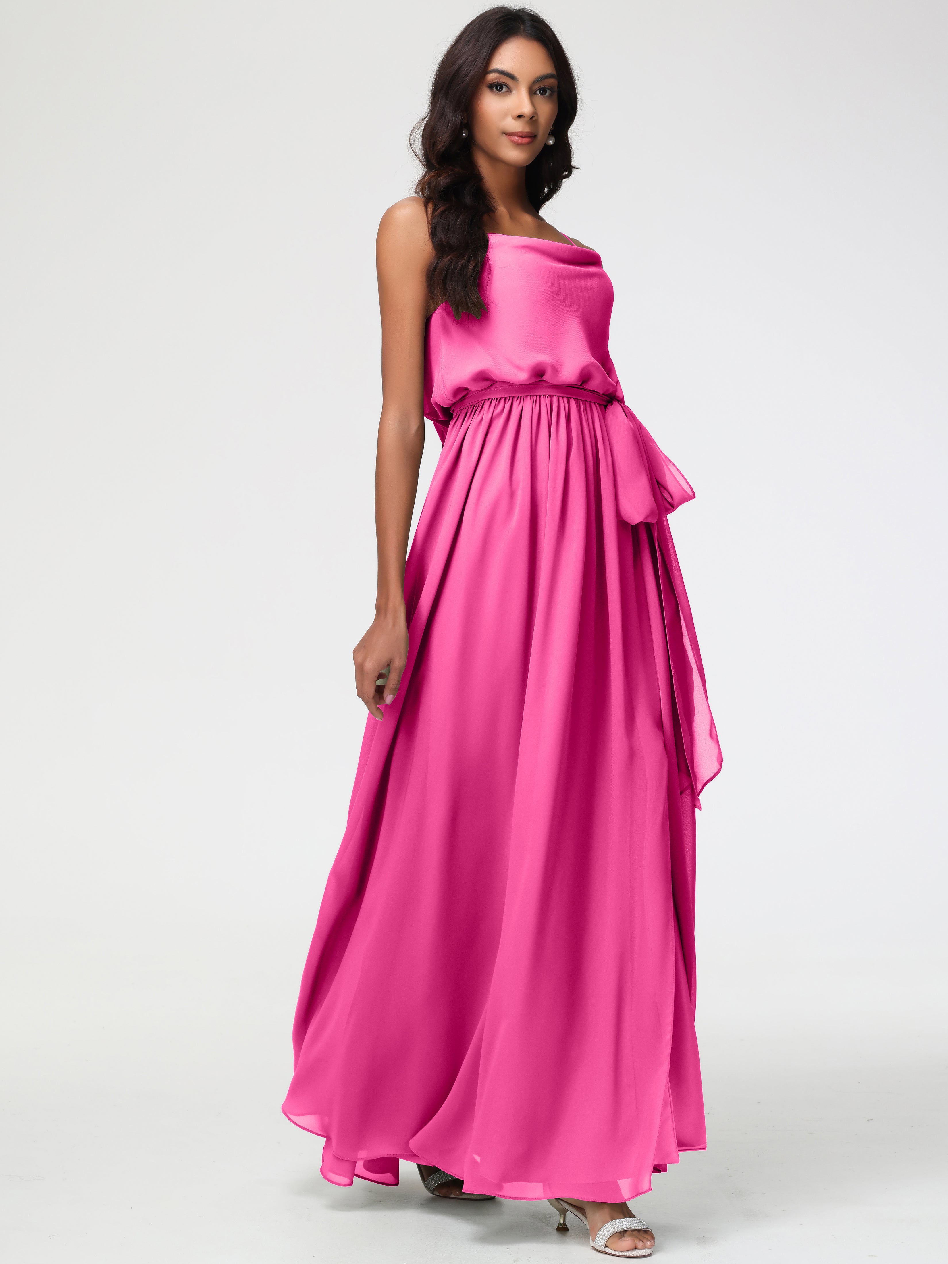 A-Line Cowl Spaghetti Straps Sleeveless Long Split Chiffon Bridesmaid Dresses