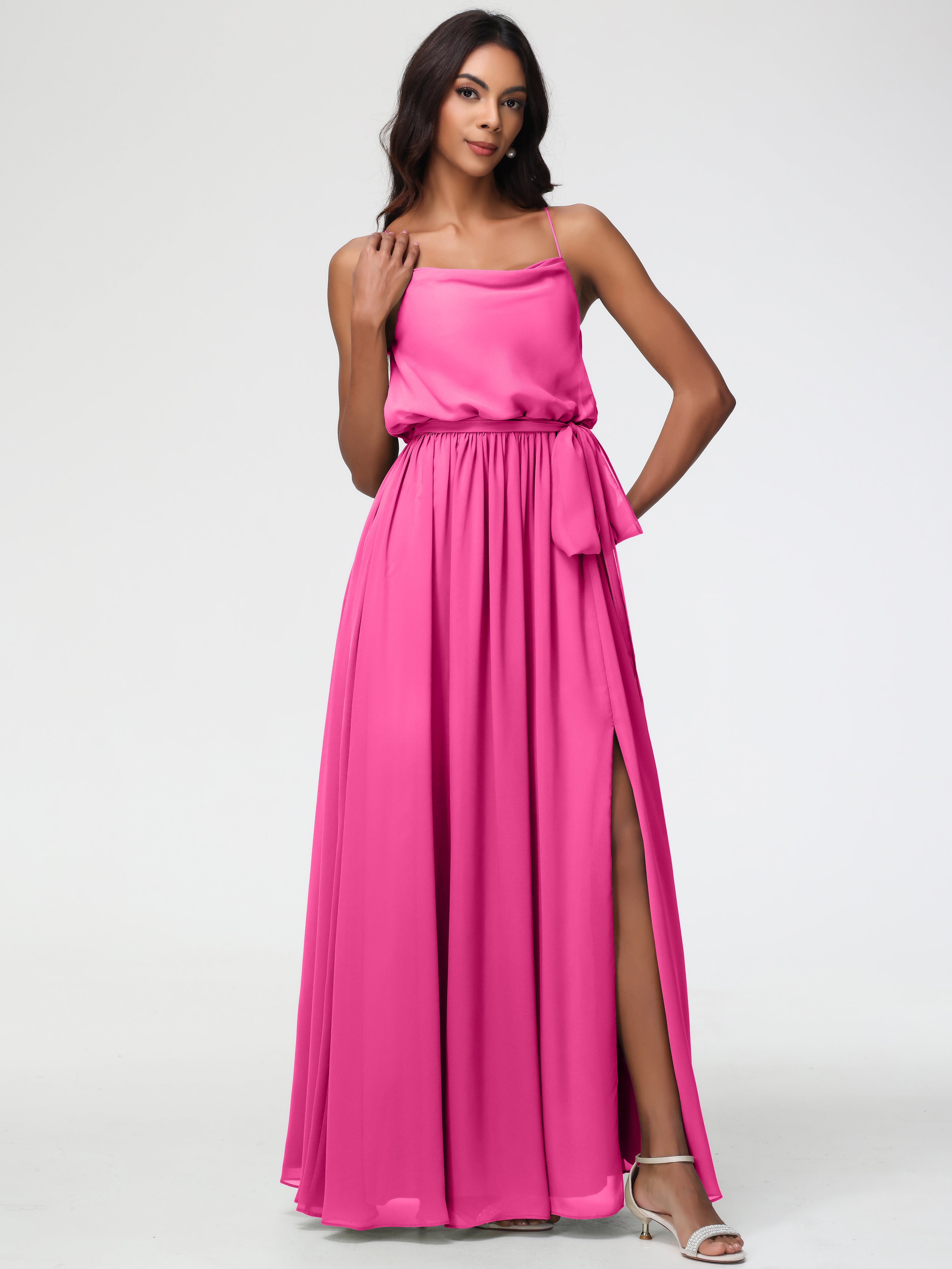 A-Line Cowl Spaghetti Straps Sleeveless Long Split Chiffon Bridesmaid Dresses