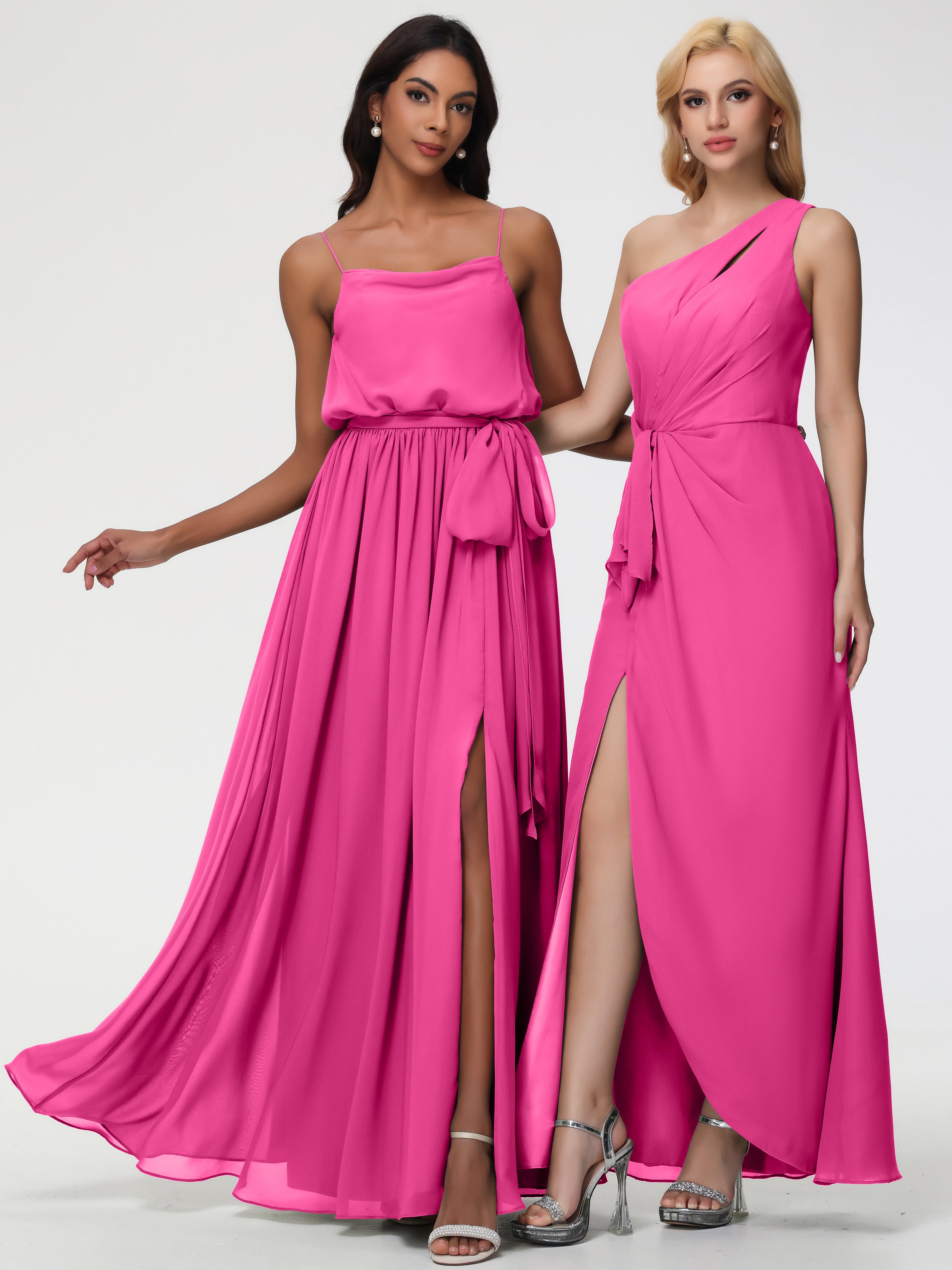 A-Line Cowl Spaghetti Straps Sleeveless Long Split Chiffon Bridesmaid Dresses