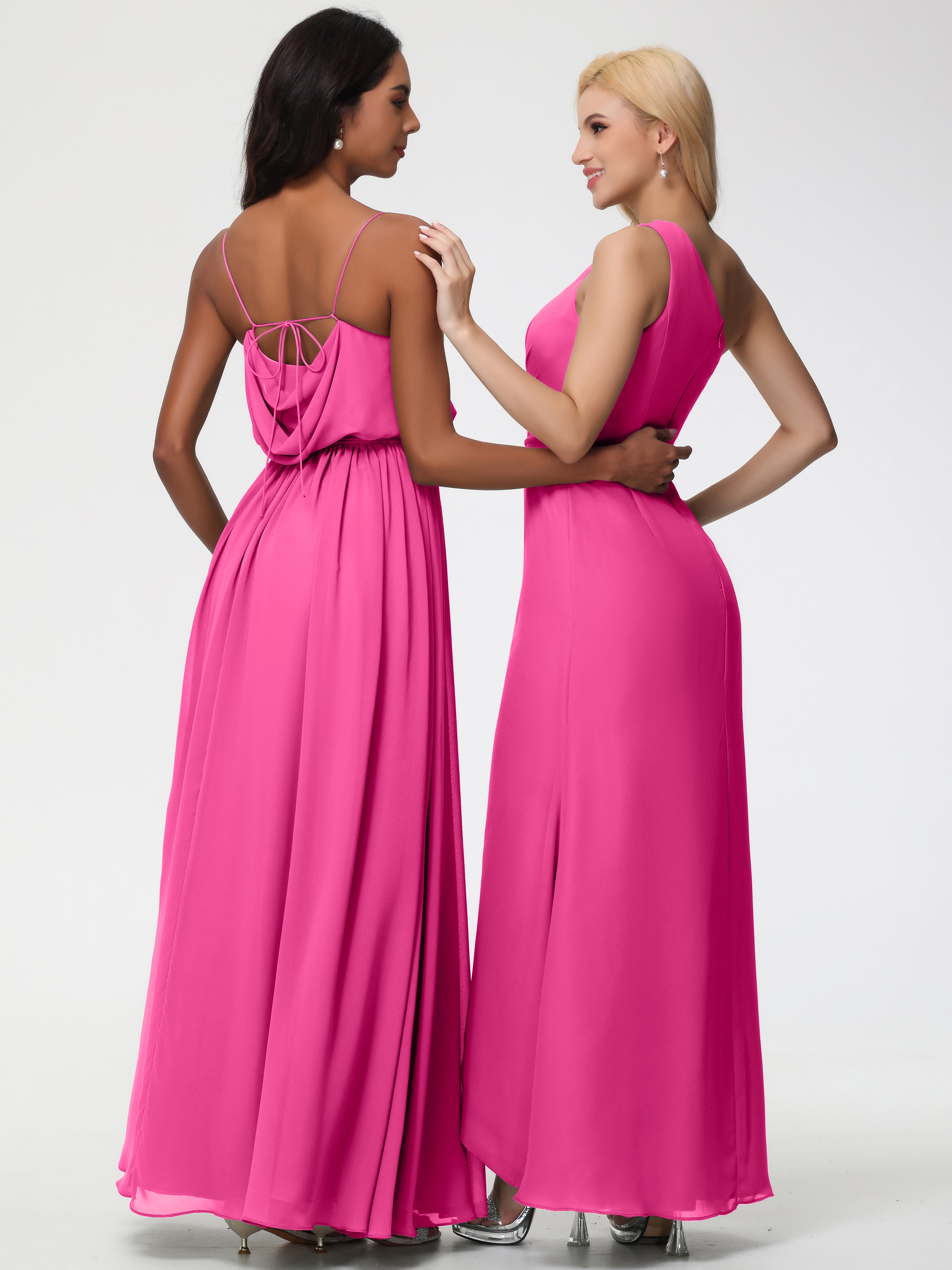 A-Line Cowl Spaghetti Straps Sleeveless Long Split Chiffon Bridesmaid Dresses