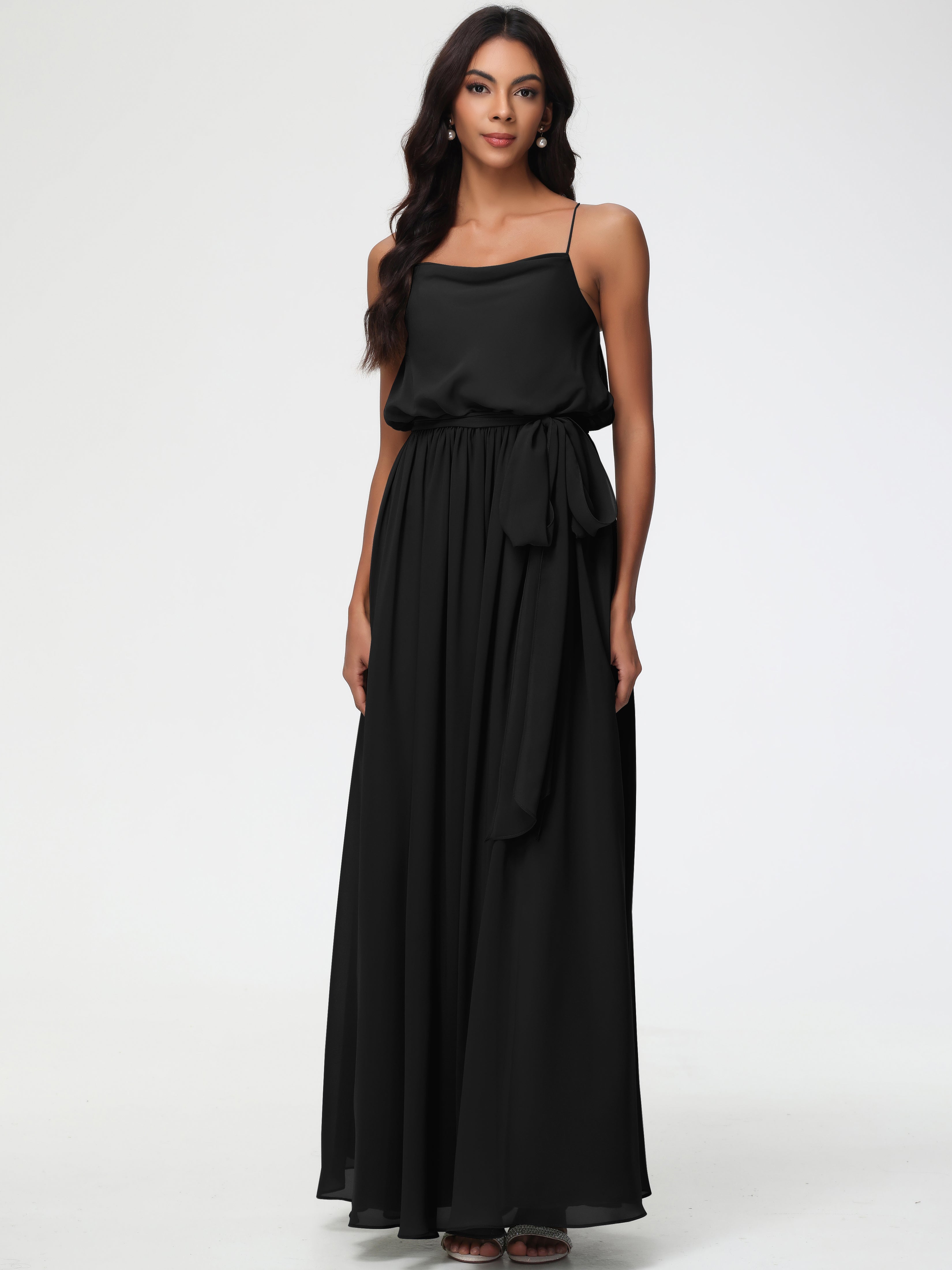 Black Chiffon Bridesmaid Dress A-Line Cowl Spaghetti Straps Sleeveless