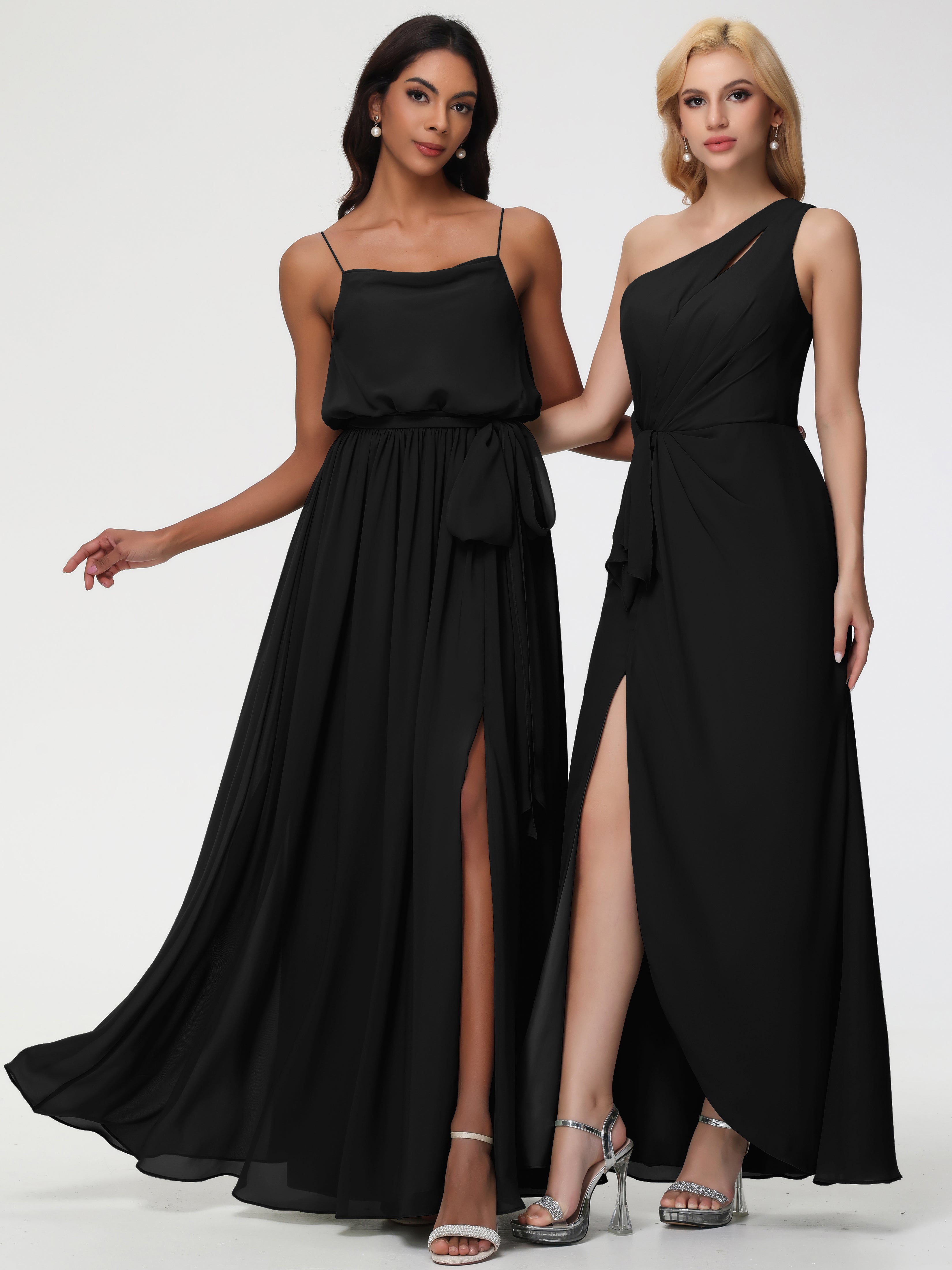 A-Line Cowl Spaghetti Straps Sleeveless Long Split Chiffon Bridesmaid Dresses