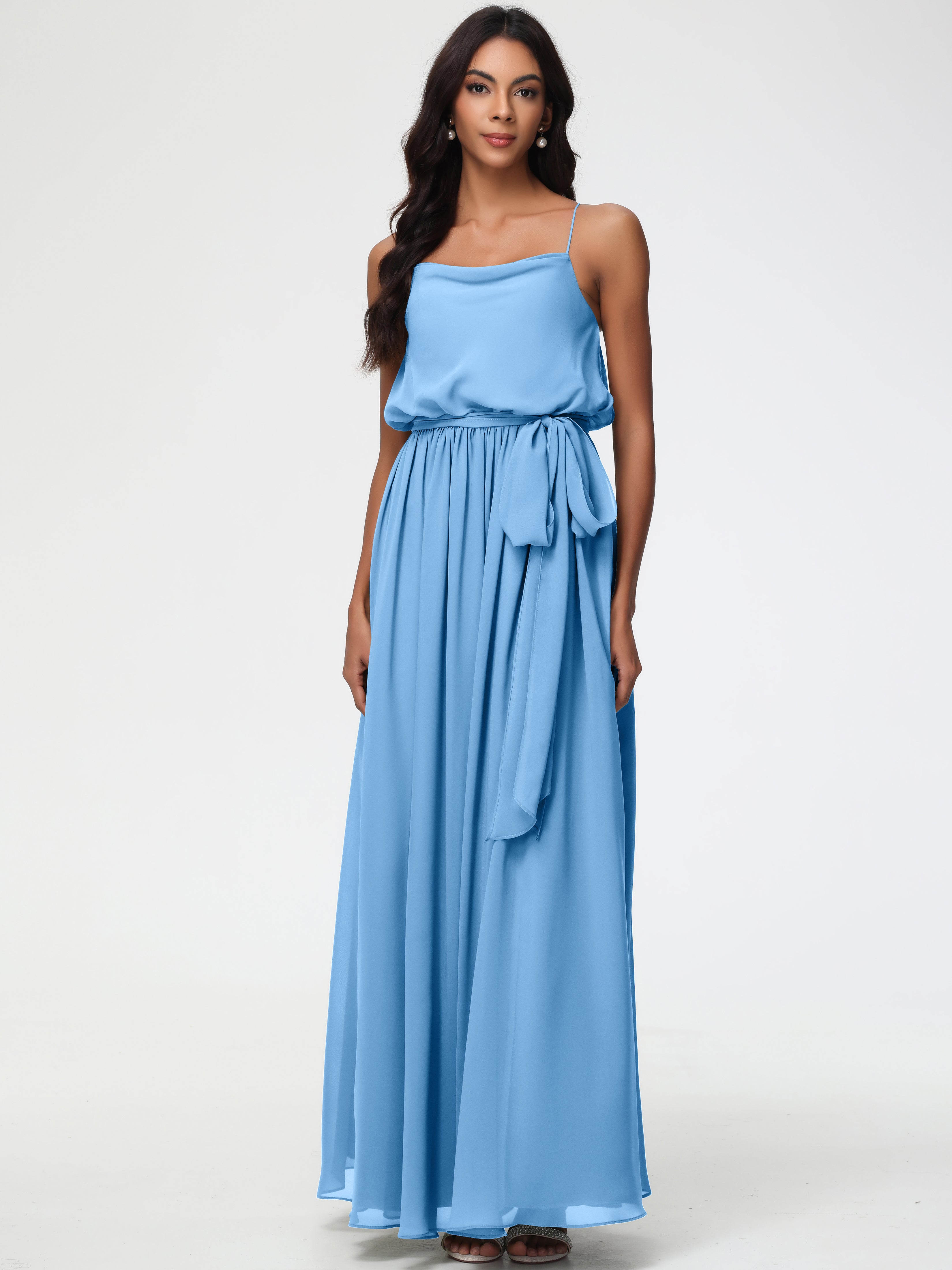 A-Line Cowl Spaghetti Straps Sleeveless Long Split Chiffon Bridesmaid Dresses