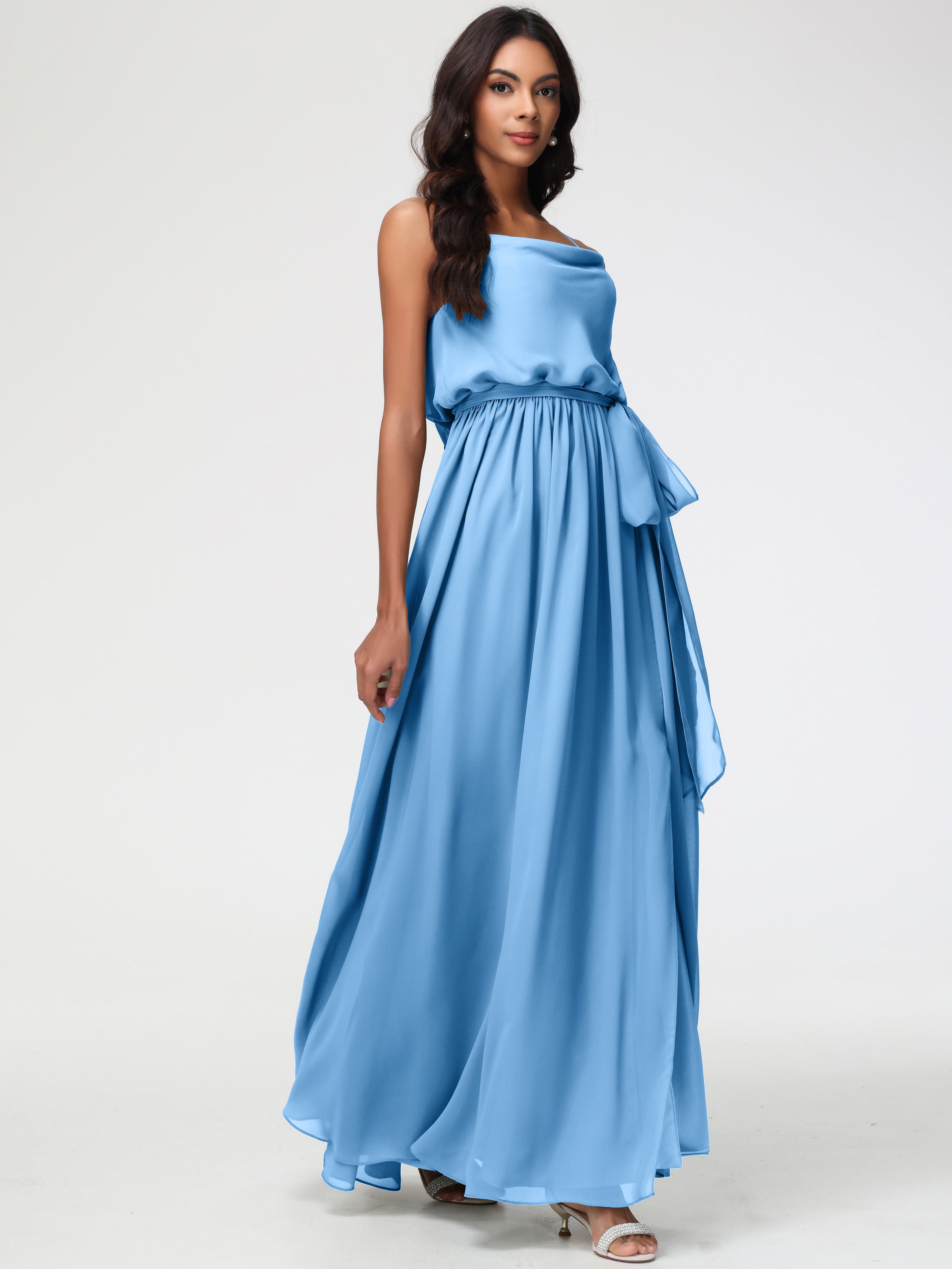 A-Line Cowl Spaghetti Straps Sleeveless Long Split Chiffon Bridesmaid Dresses