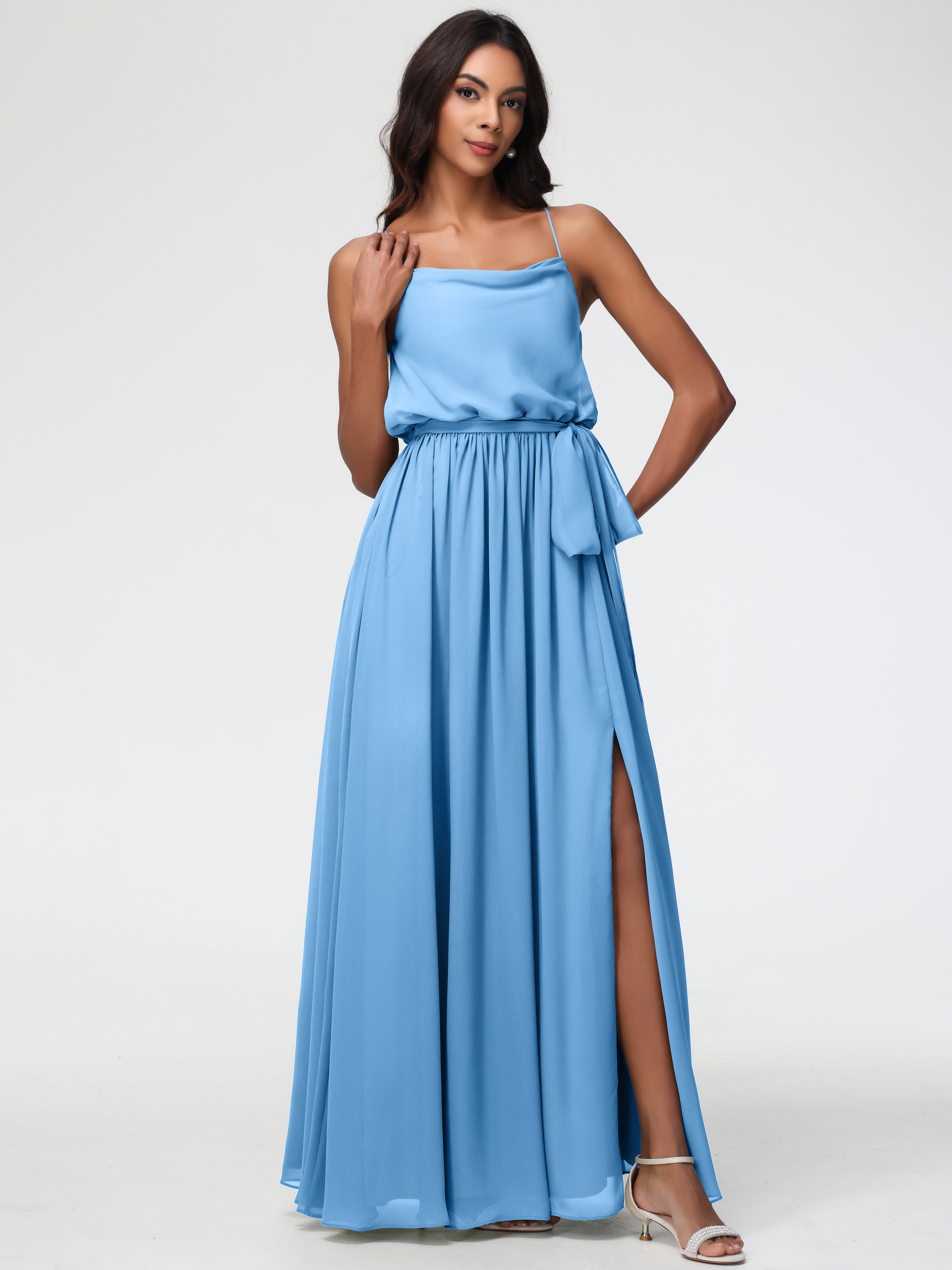 A-Line Cowl Spaghetti Straps Sleeveless Long Split Chiffon Bridesmaid Dresses
