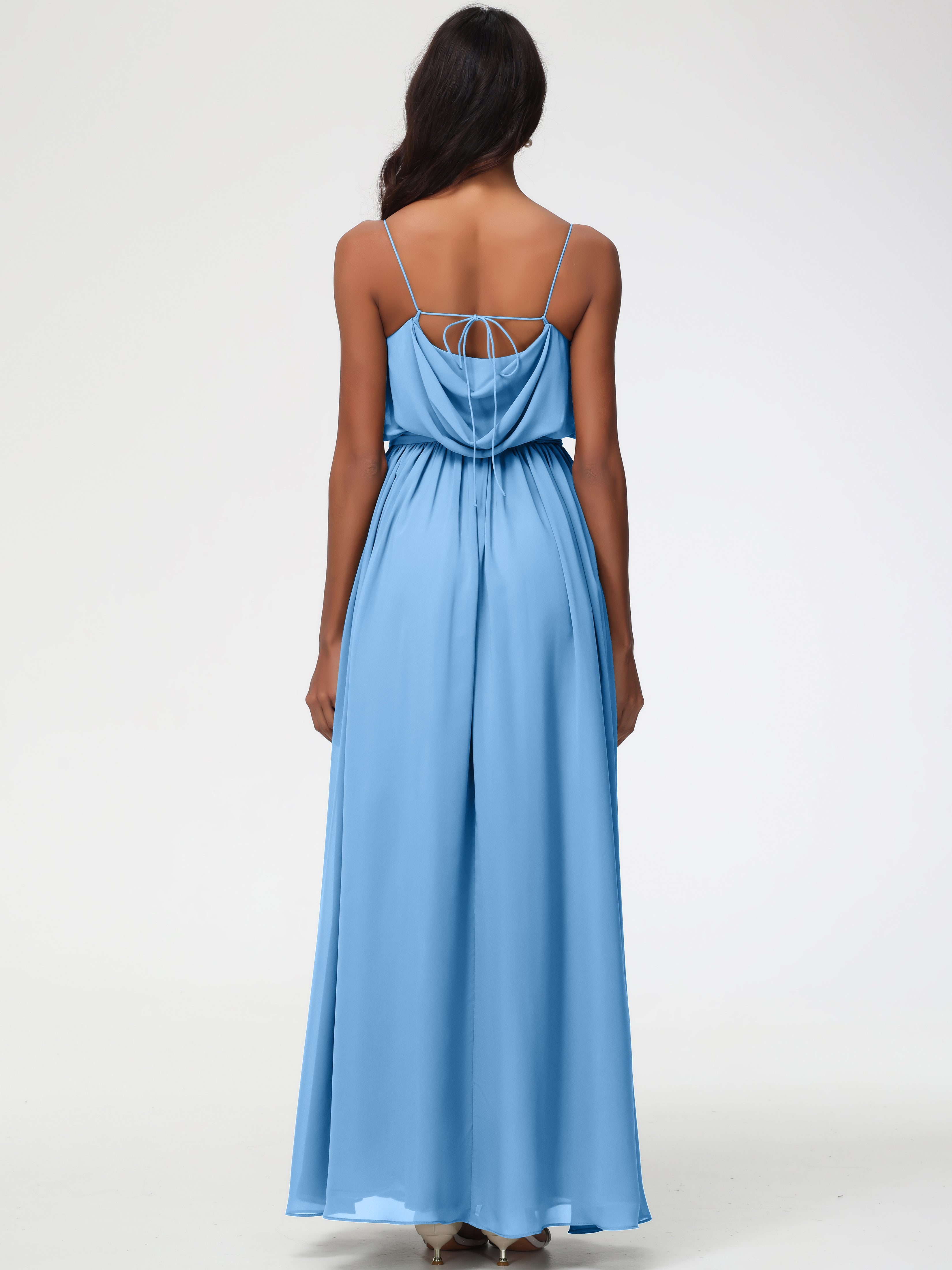 A-Line Cowl Spaghetti Straps Sleeveless Long Split Chiffon Bridesmaid Dresses