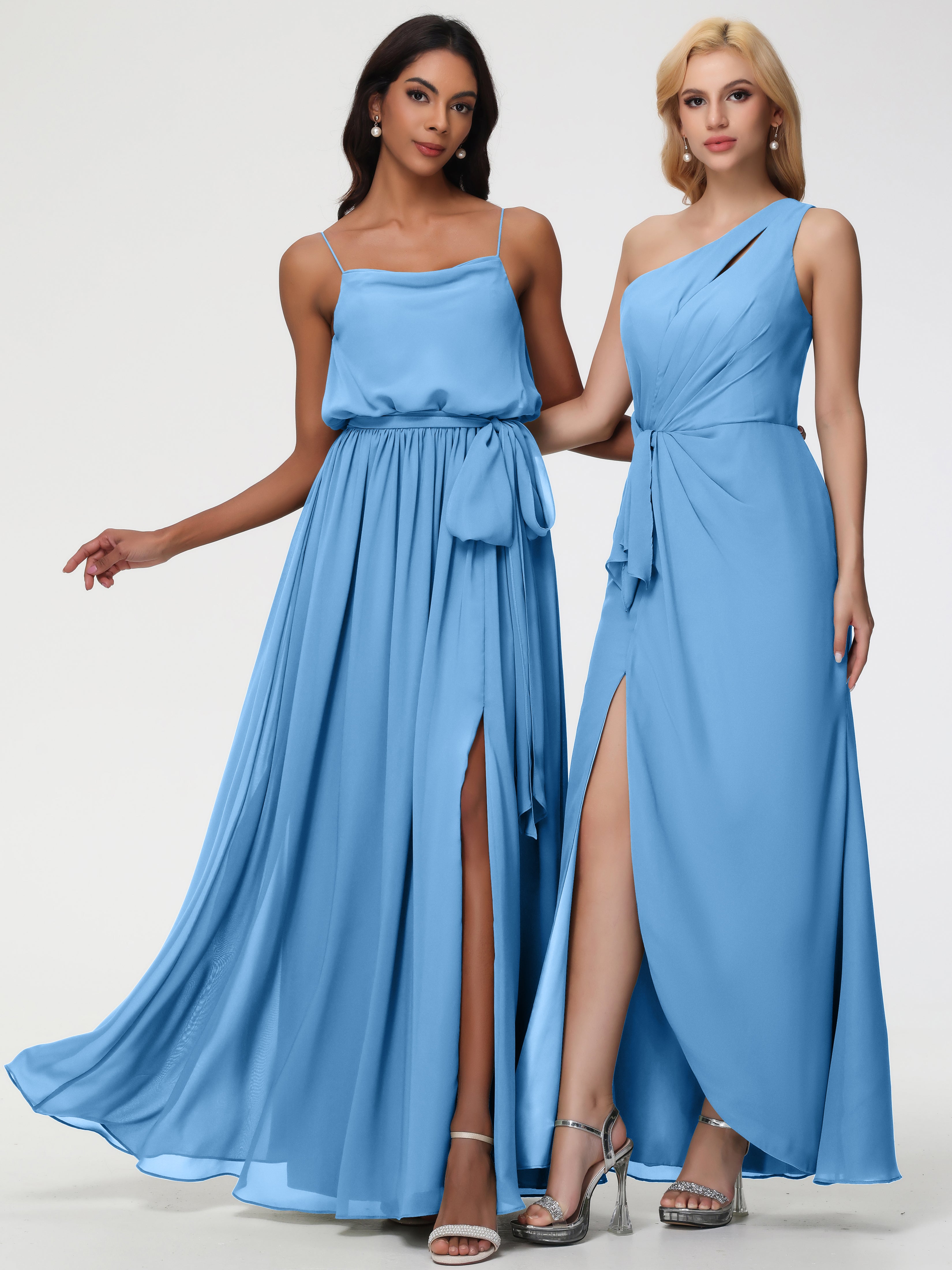 A-Line Cowl Spaghetti Straps Sleeveless Long Split Chiffon Bridesmaid Dresses
