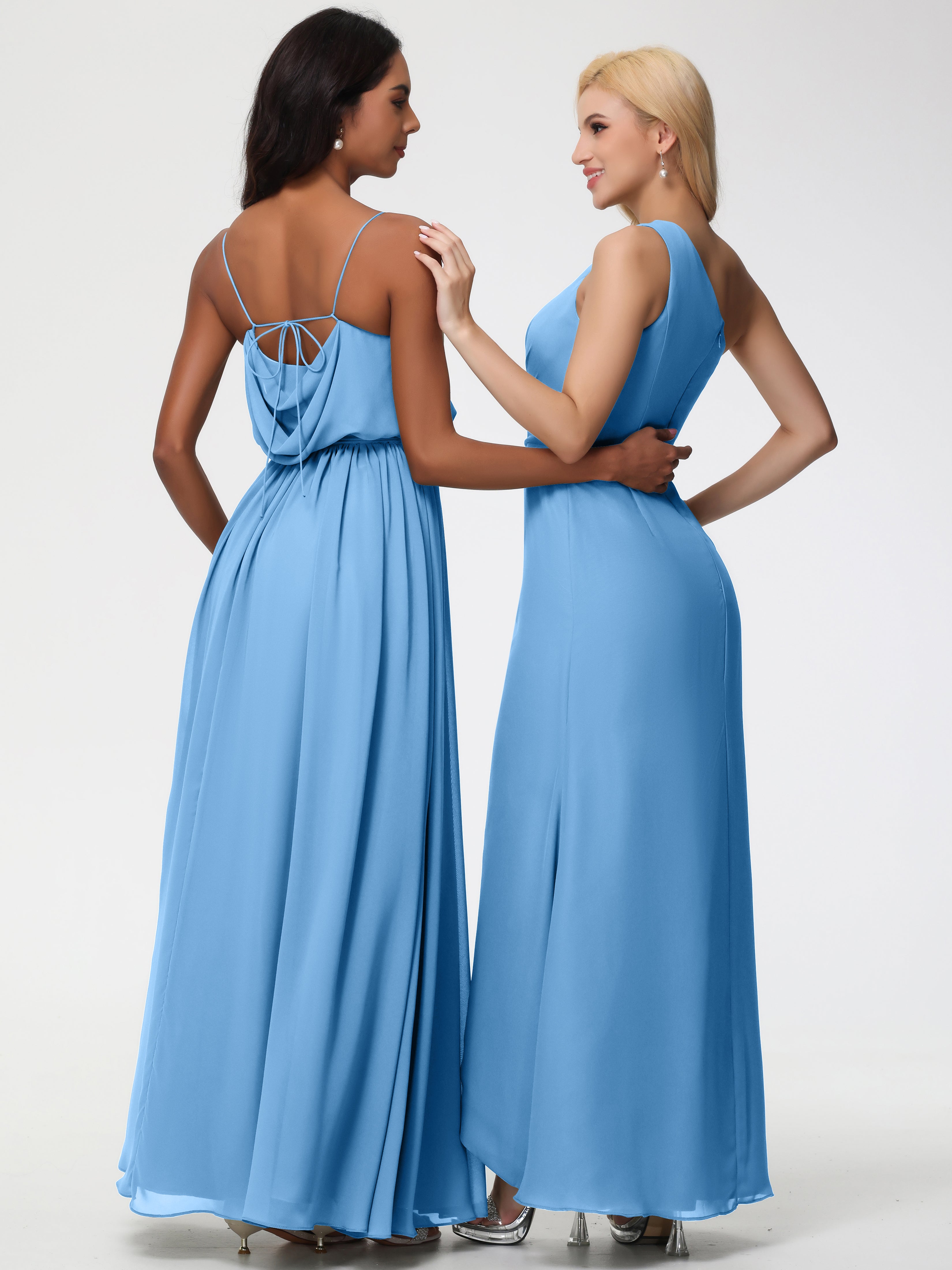A-Line Cowl Spaghetti Straps Sleeveless Long Split Chiffon Bridesmaid Dresses