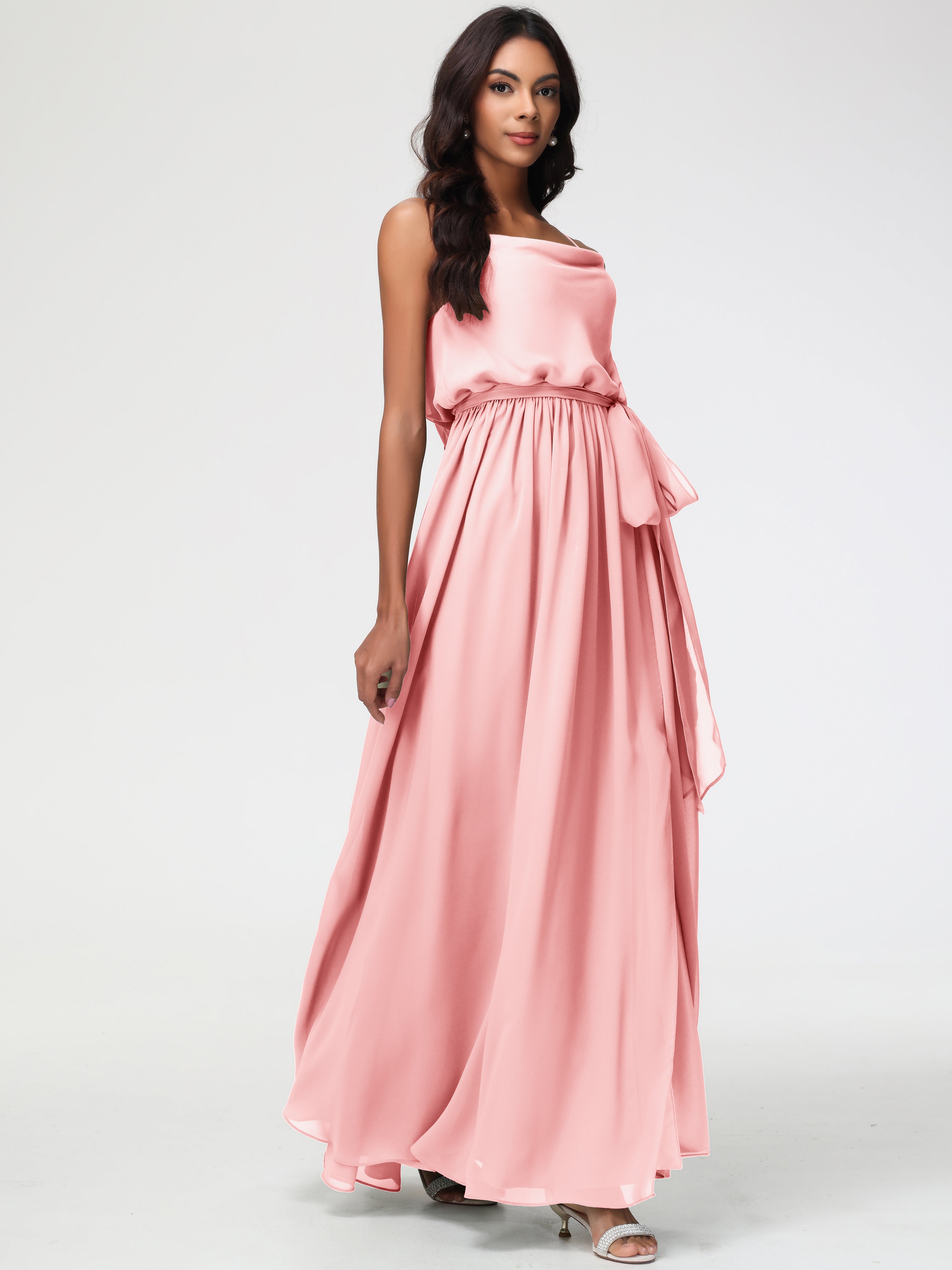A-Line Cowl Spaghetti Straps Sleeveless Long Split Chiffon Bridesmaid Dresses