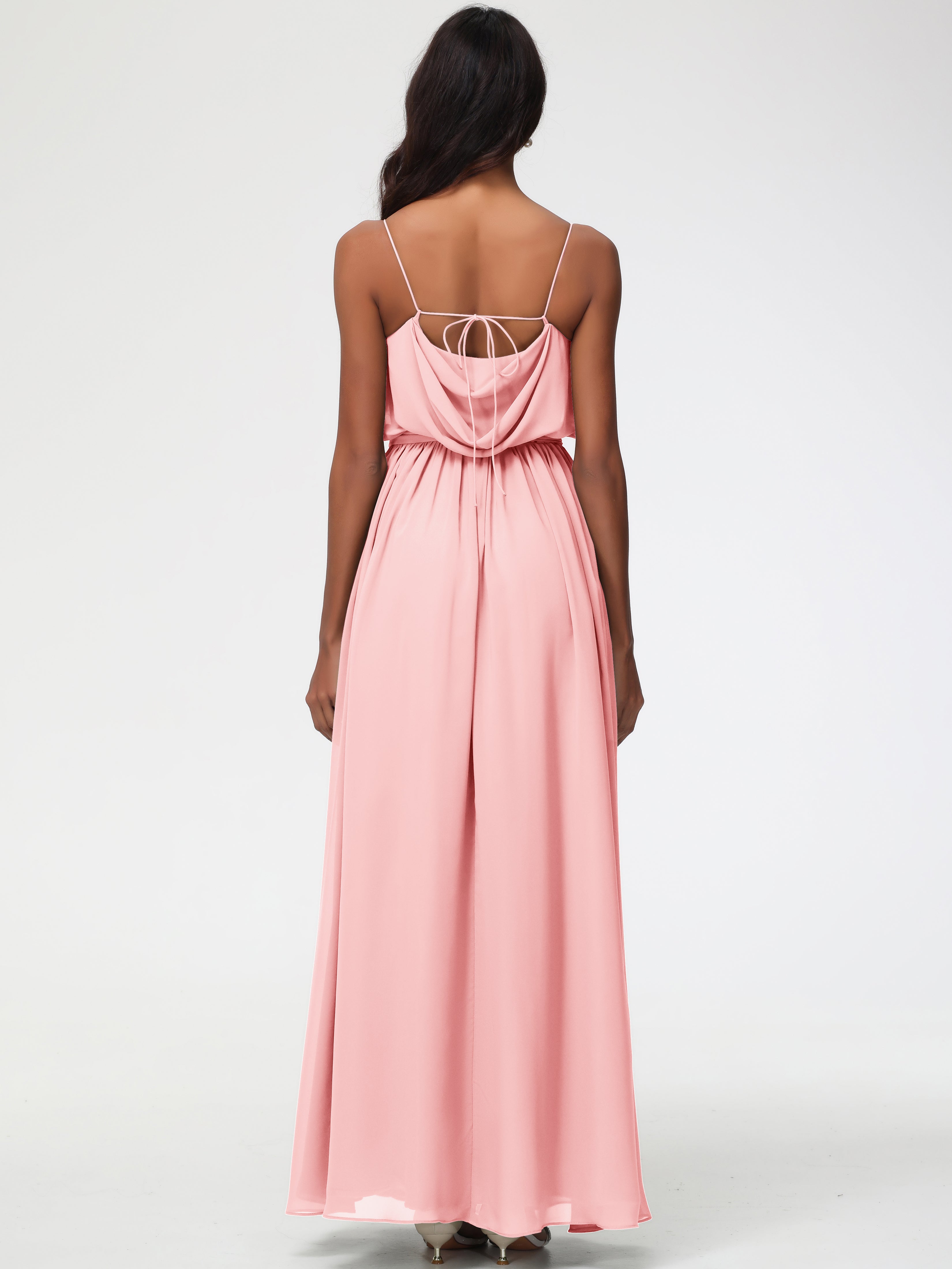 A-Line Cowl Spaghetti Straps Sleeveless Long Split Chiffon Bridesmaid Dresses