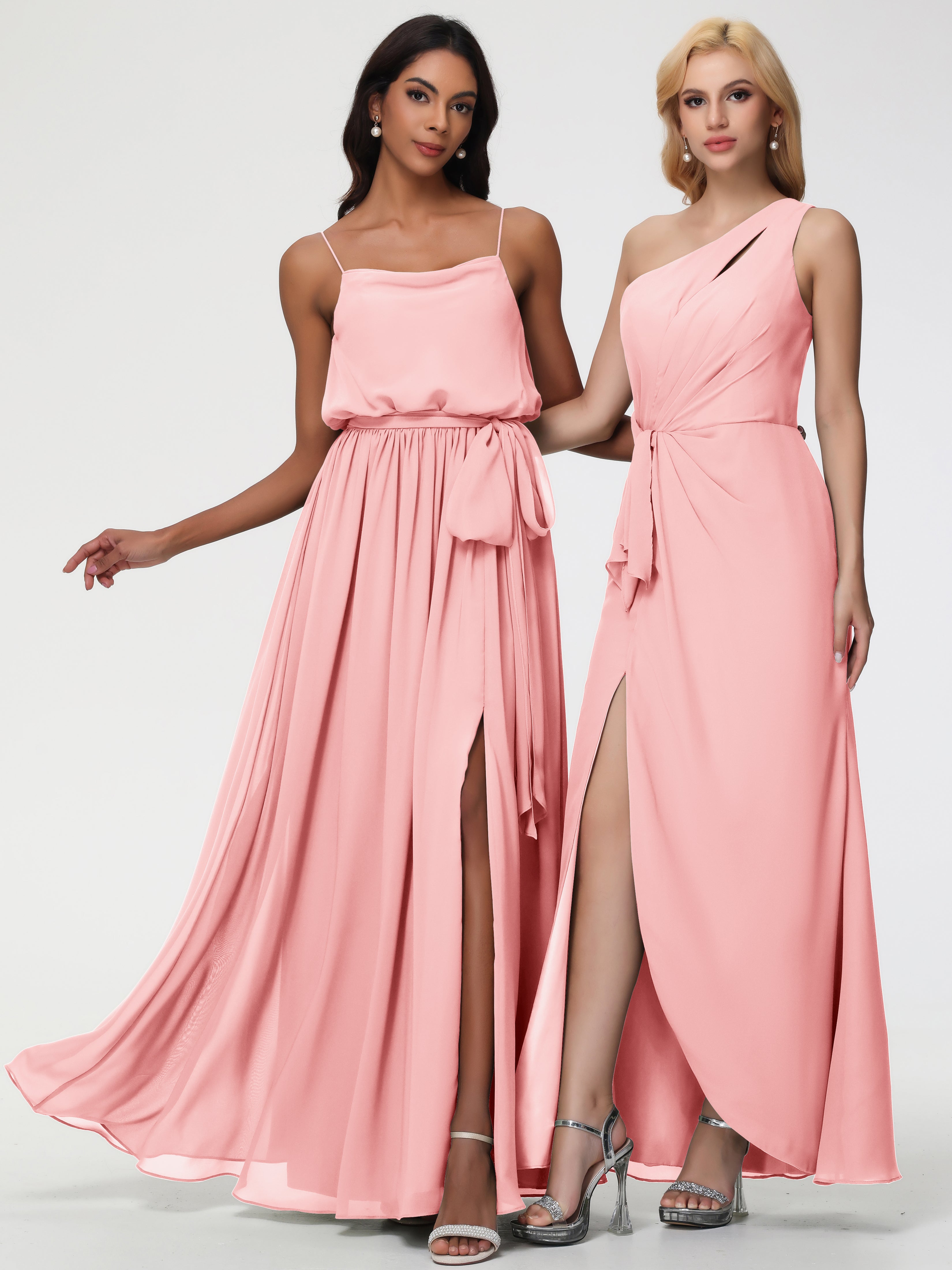 A-Line Cowl Spaghetti Straps Sleeveless Long Split Chiffon Bridesmaid Dresses