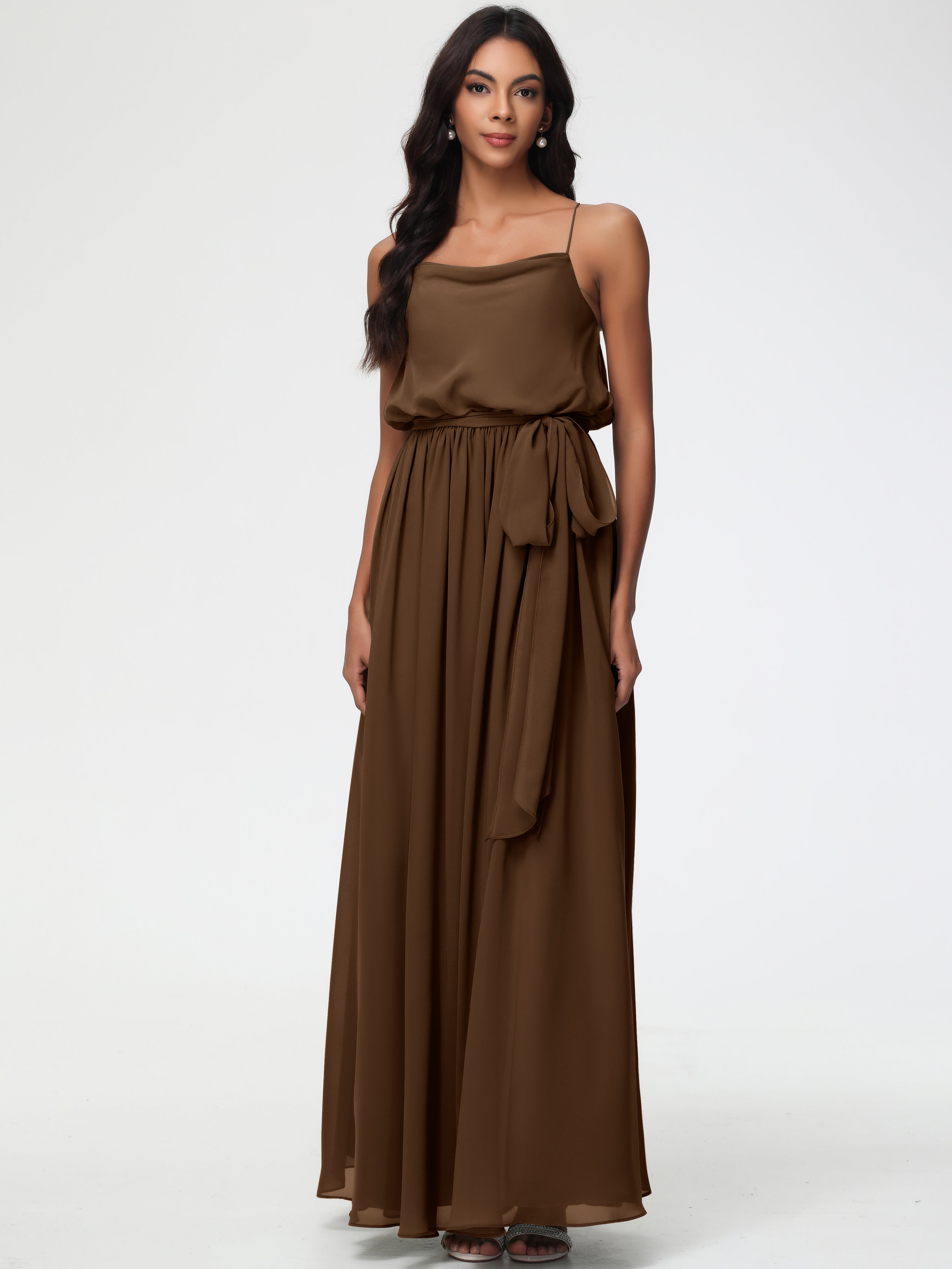 A-Line Cowl Spaghetti Straps Sleeveless Long Split Chiffon Bridesmaid Dresses
