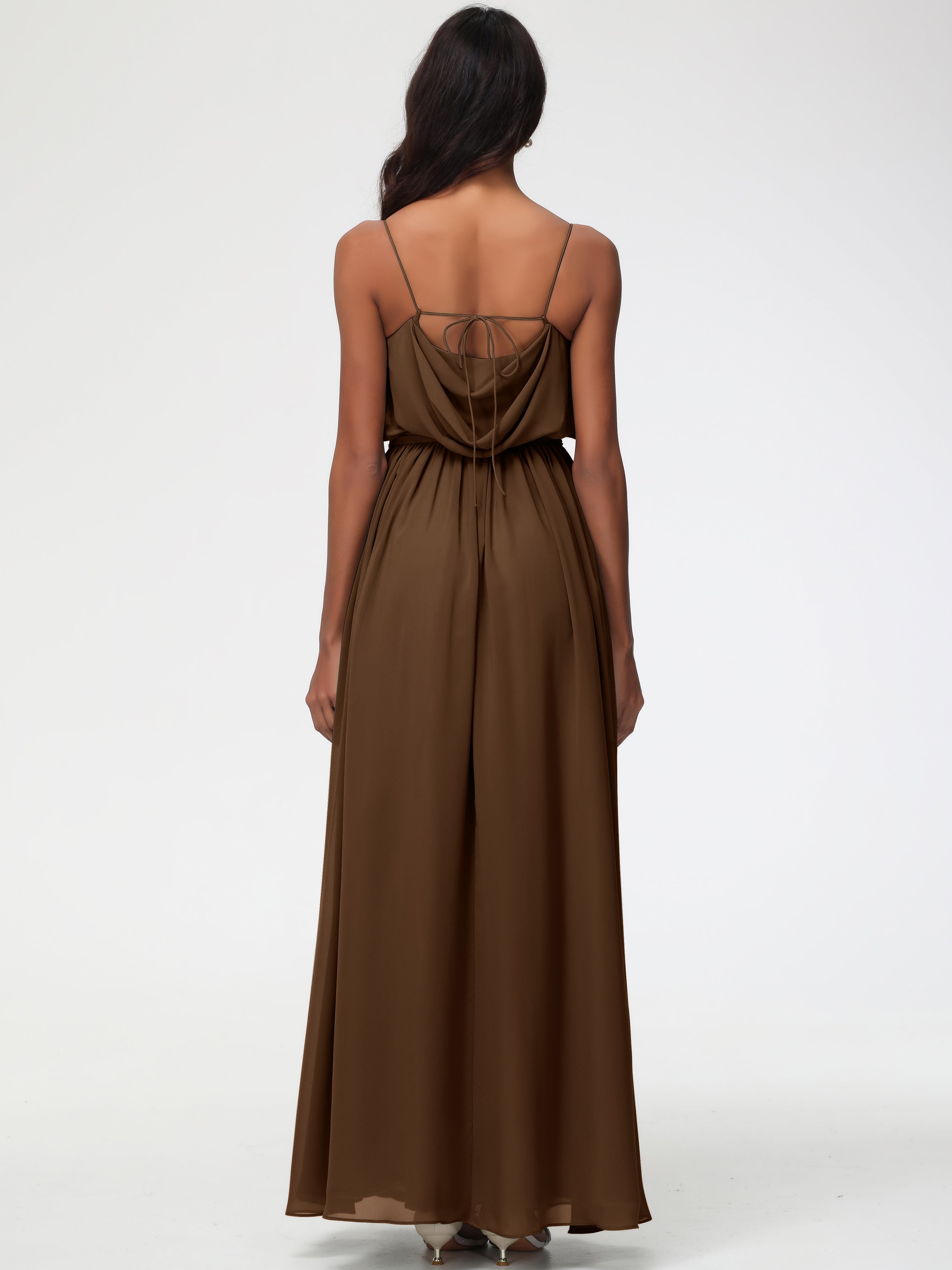 A-Line Cowl Spaghetti Straps Sleeveless Long Split Chiffon Bridesmaid Dresses