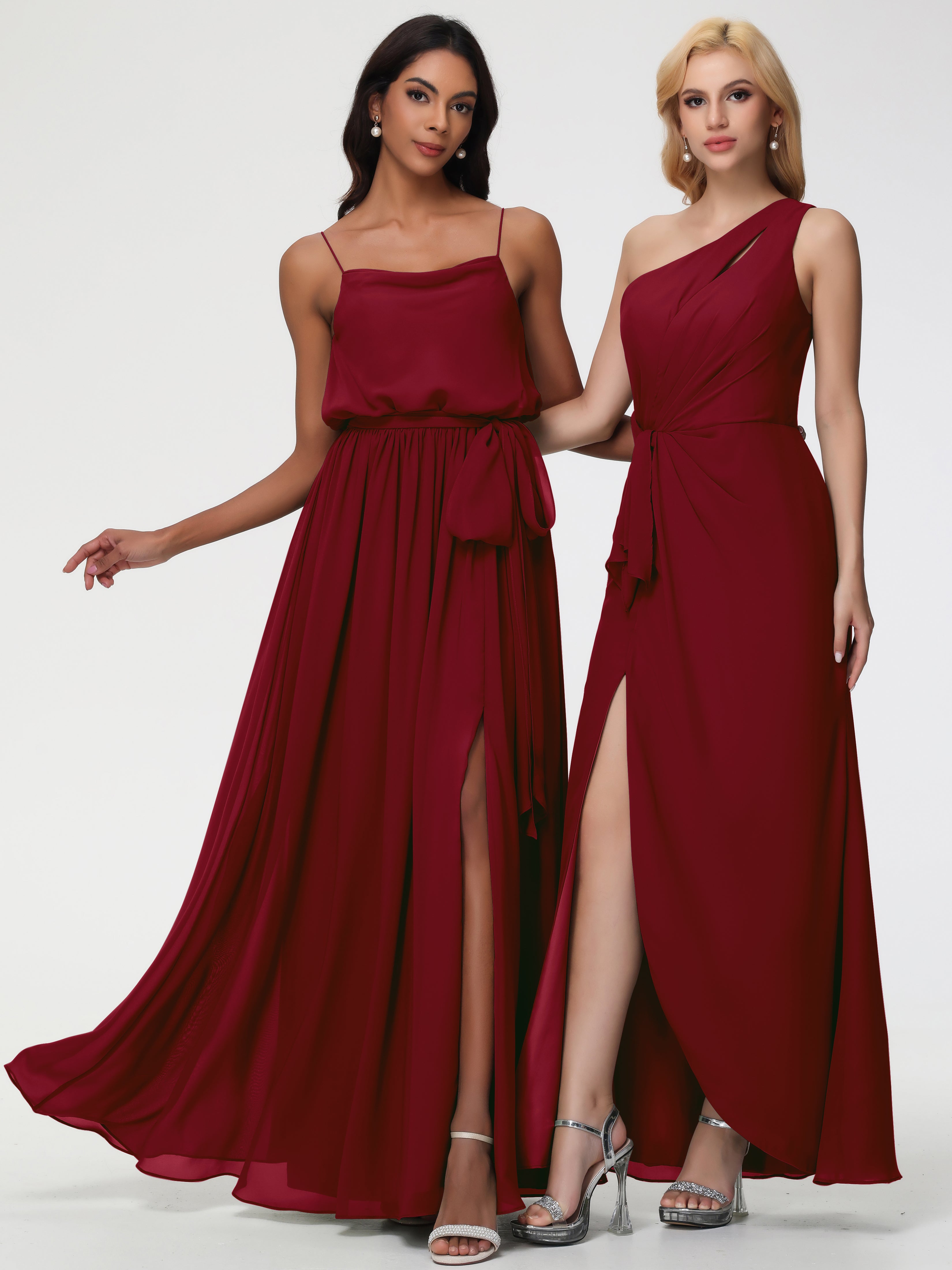 A-Line Cowl Spaghetti Straps Sleeveless Long Split Chiffon Bridesmaid Dresses