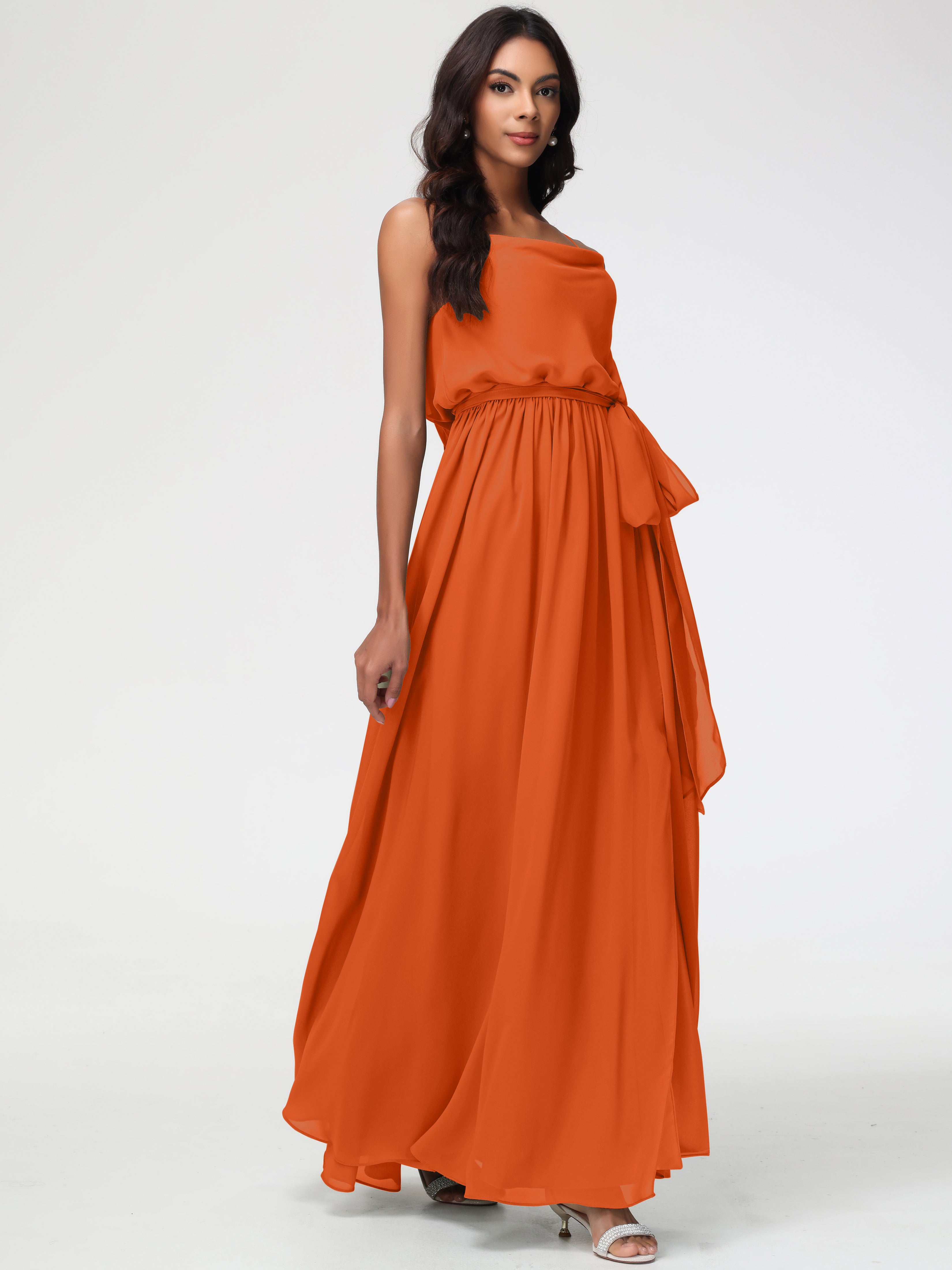 A-Line Cowl Spaghetti Straps Sleeveless Long Split Chiffon Bridesmaid Dresses