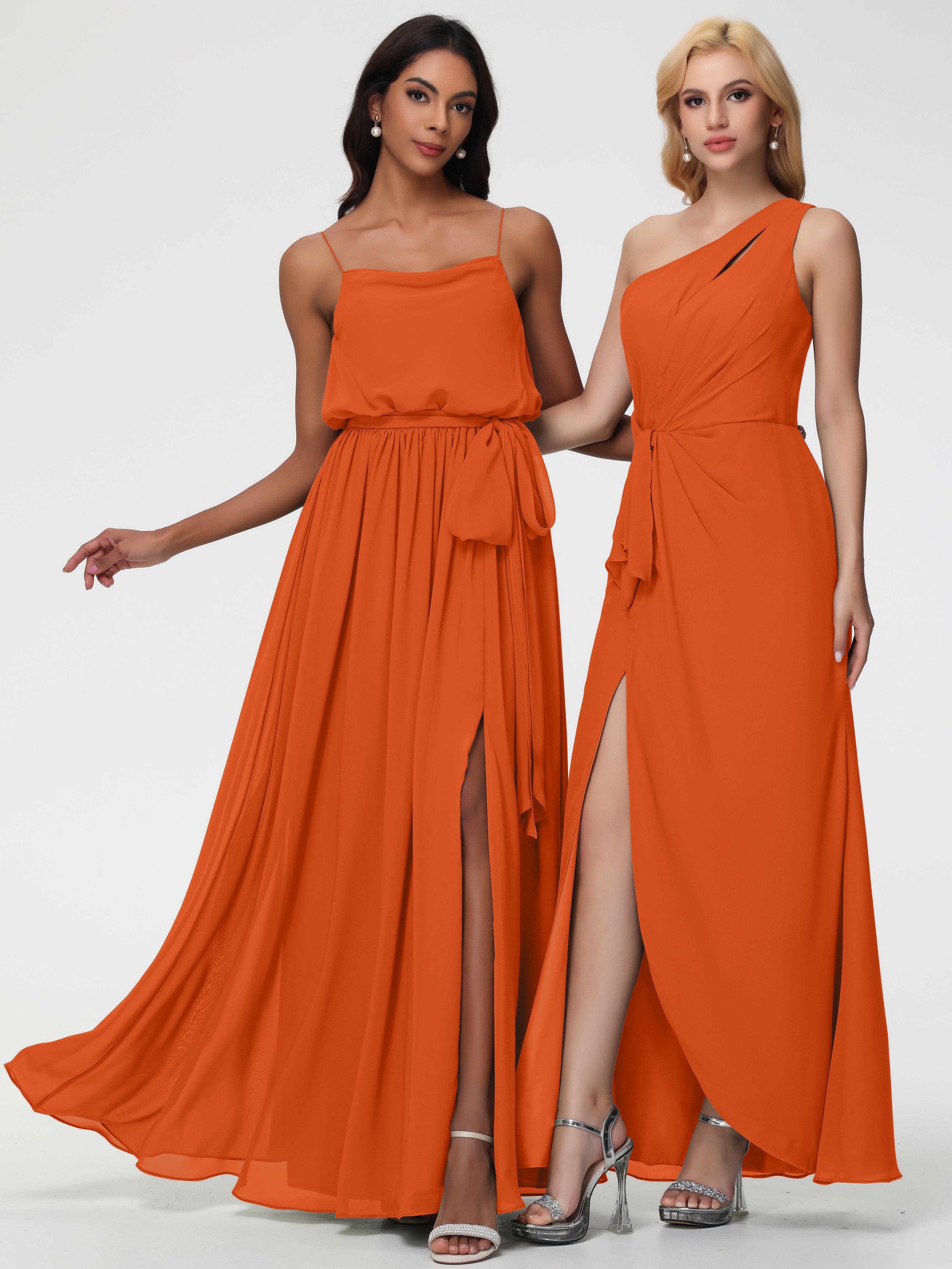 A-Line Cowl Spaghetti Straps Sleeveless Long Split Chiffon Bridesmaid Dresses