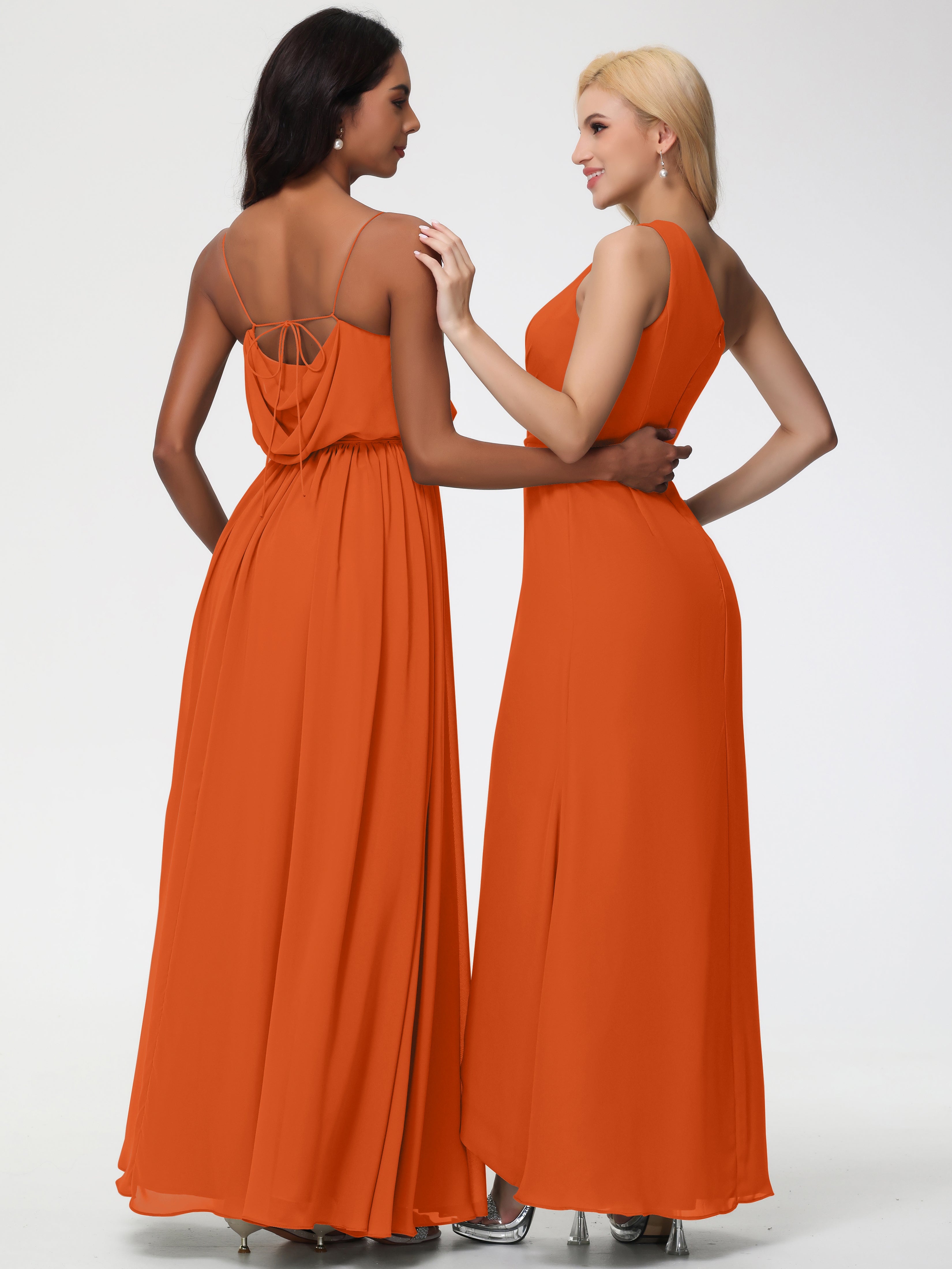 A-Line Cowl Spaghetti Straps Sleeveless Long Split Chiffon Bridesmaid Dresses
